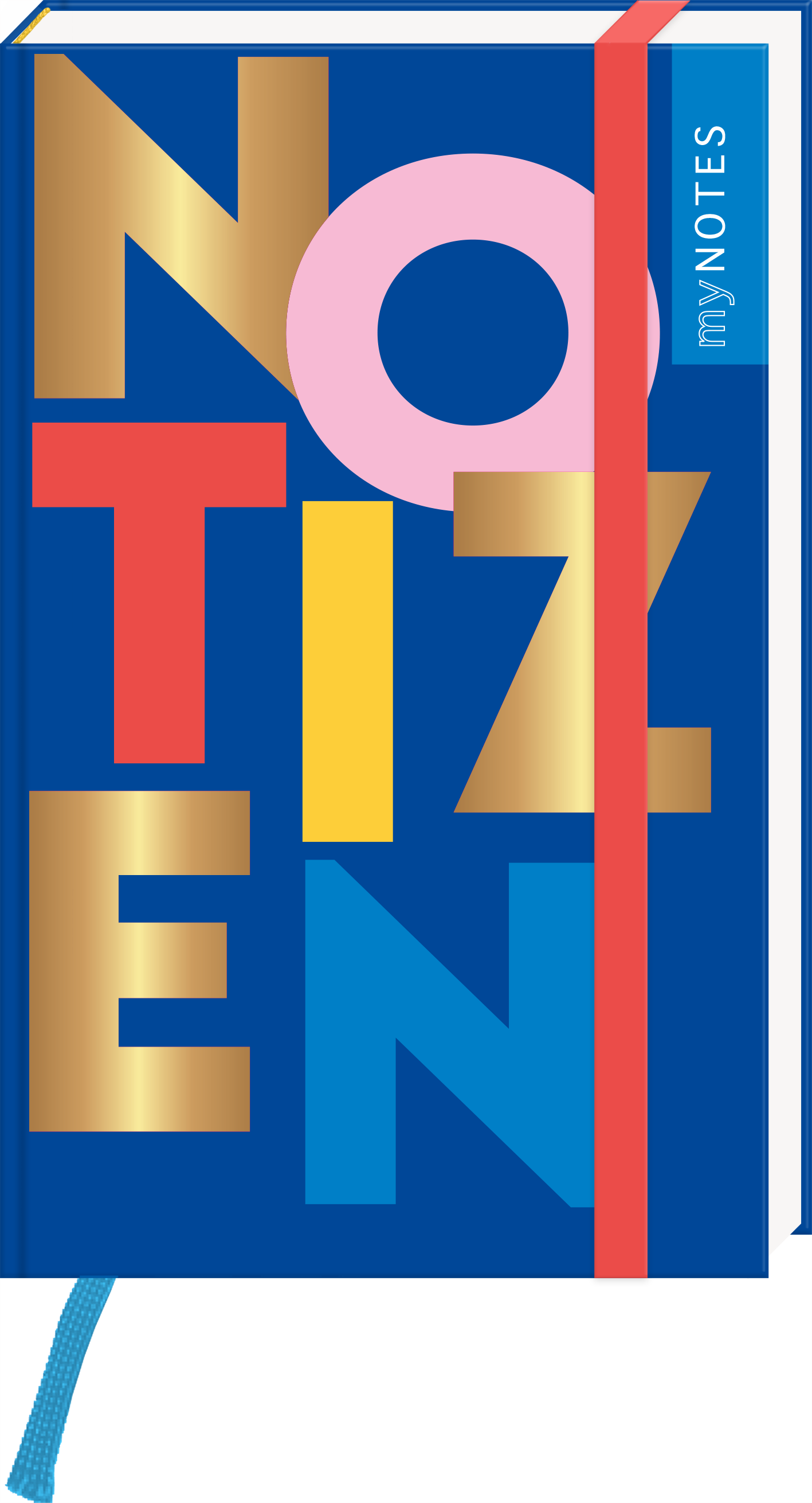 Das Buchcover zeigt den Titel „NOTIZEN“ in großen, auffälligen Buchstaben. Die Buchstaben sind in verschiedenen Farben gehalten: Rot, Blau, Gold und ein sanftes Rosa mit einem blauen Hintergrund. Der Schriftzug „my NOTES“ ist in einer modernen Font oben rechts in Weiß platziert. Die lebhaften Farben verleihen dem Cover eine fröhliche und einladende Atmosphäre. Ganz unten mittig steht der Logoschriftzug von arsEdition.