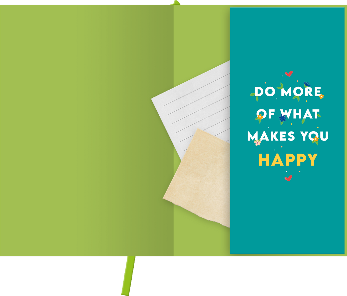 Gezeigt wird eine Innen- oder Zusatzansicht von „myNOTES Papeterie: Notizbuch A5 HAPPY LOOKS GOOD ON YOU – COLOR-POP“. Die Innenseite ist in einem fröhlichen, hellgrünen Farbton gehalten. Auf der rechten Seite befindet sich eine türkisfarbene Seite mit dem aufgedruckten Spruch „DO MORE OF WHAT MAKES YOU HAPPY“ in bunten Buchstaben und dekorativen Blumenmotiven. Links sind kariertes und leeres Papier sichtbar, während ein braunes Zettelchen als zusätzliches Element eingelegt ist.