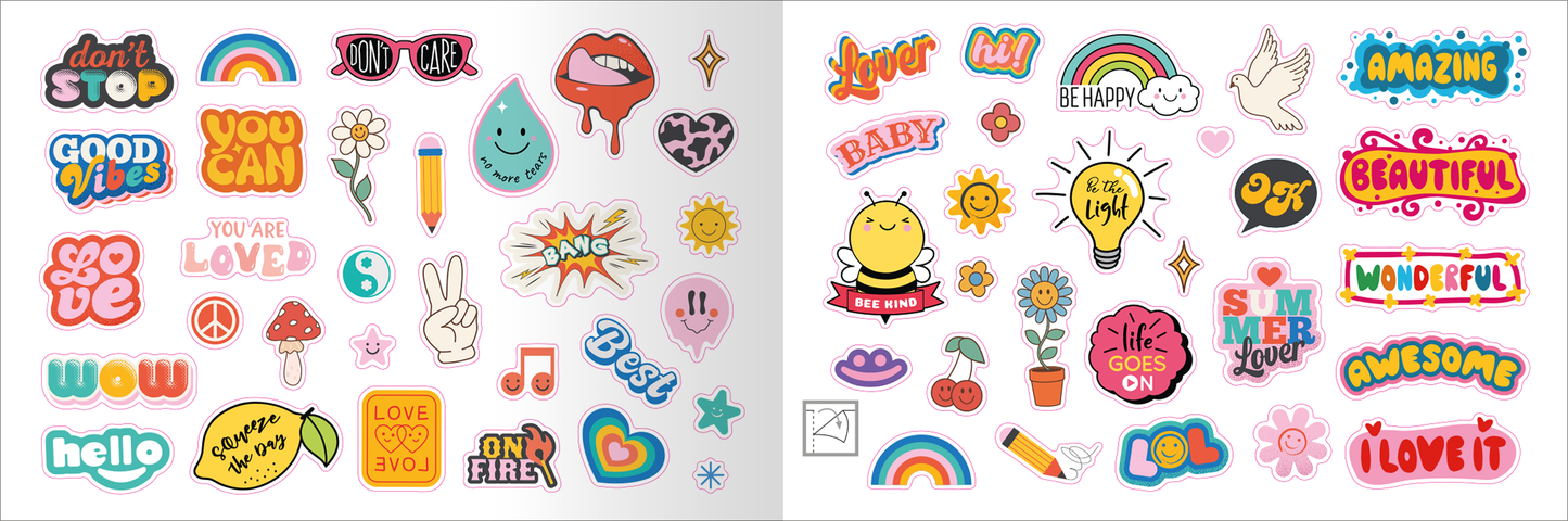 Gezeigt wird eine Innen- oder Zusatzansicht von „myNOTES Papeterie: Stickerheft Oh, happy day!“. Die Ansicht zeigt eine Vielzahl bunter Aufkleber in verschiedenen Formen und Designs. Dominierend sind lebendige Farben wie Rot, Blau, Gelb und Pink. Die Typografie umfasst fröhliche Schriftzüge wie „good vibes“, „don’t stop“ und „be happy“, die in unterschiedlichen Schriftarten und -größen gestaltet sind. Verschiedene Symbole, darunter Sonnen, Blumen, Regenbögen und...