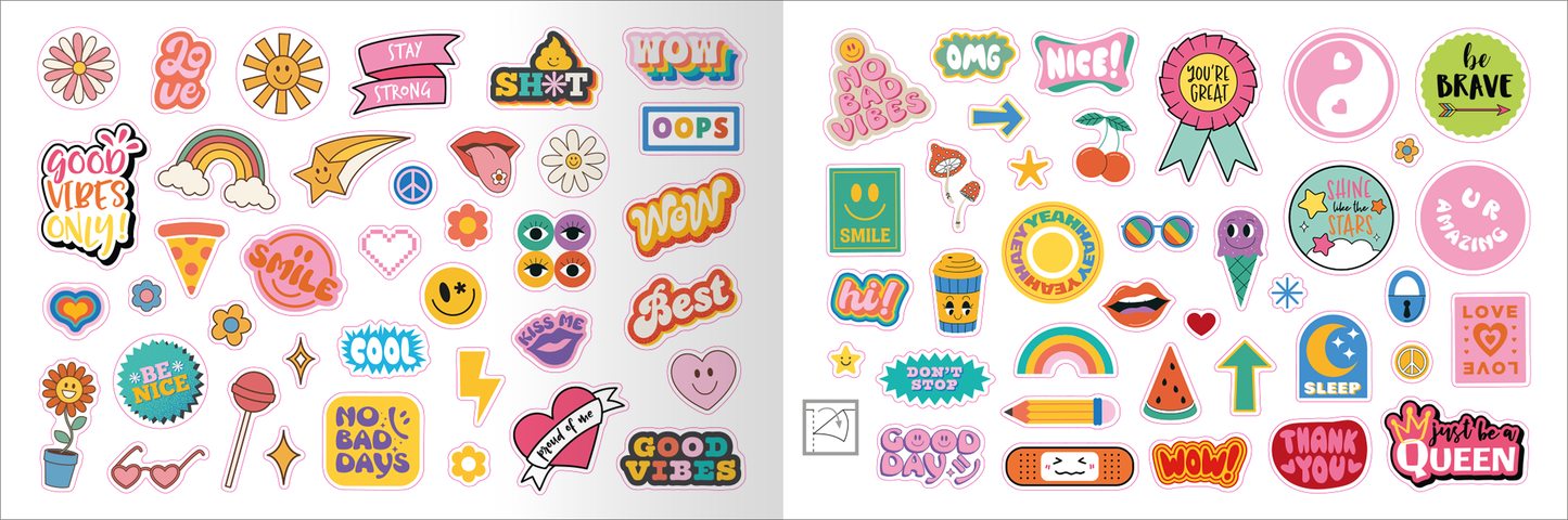Gezeigt wird eine Innen- oder Zusatzansicht von „myNOTES Papeterie: Stickerheft Oh, happy day!“. Die Ansicht präsentiert eine bunte Auswahl an Aufklebern in verschiedenen Formen und Größen. Zu sehen sind fröhliche Motive wie Sonnen, Regenbogen, Herzen und Smiley-Gesichter. Die Farbpalette umfasst kräftige Töne von Pink, Gelb, Grün und Blau, während die Typografie verspielt und modern ist, mit Ausdrücken wie „Good Vibes Only“ und „Be Brave“.