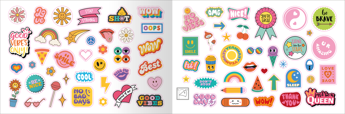 Gezeigt wird eine Innen- oder Zusatzansicht von „myNOTES Papeterie: Stickerheft Oh, happy day!“. Die Ansicht präsentiert eine bunte Auswahl an Aufklebern in verschiedenen Formen und Größen. Zu sehen sind fröhliche Motive wie Sonnen, Regenbogen, Herzen und Smiley-Gesichter. Die Farbpalette umfasst kräftige Töne von Pink, Gelb, Grün und Blau, während die Typografie verspielt und modern ist, mit Ausdrücken wie „Good Vibes Only“ und „Be Brave“.