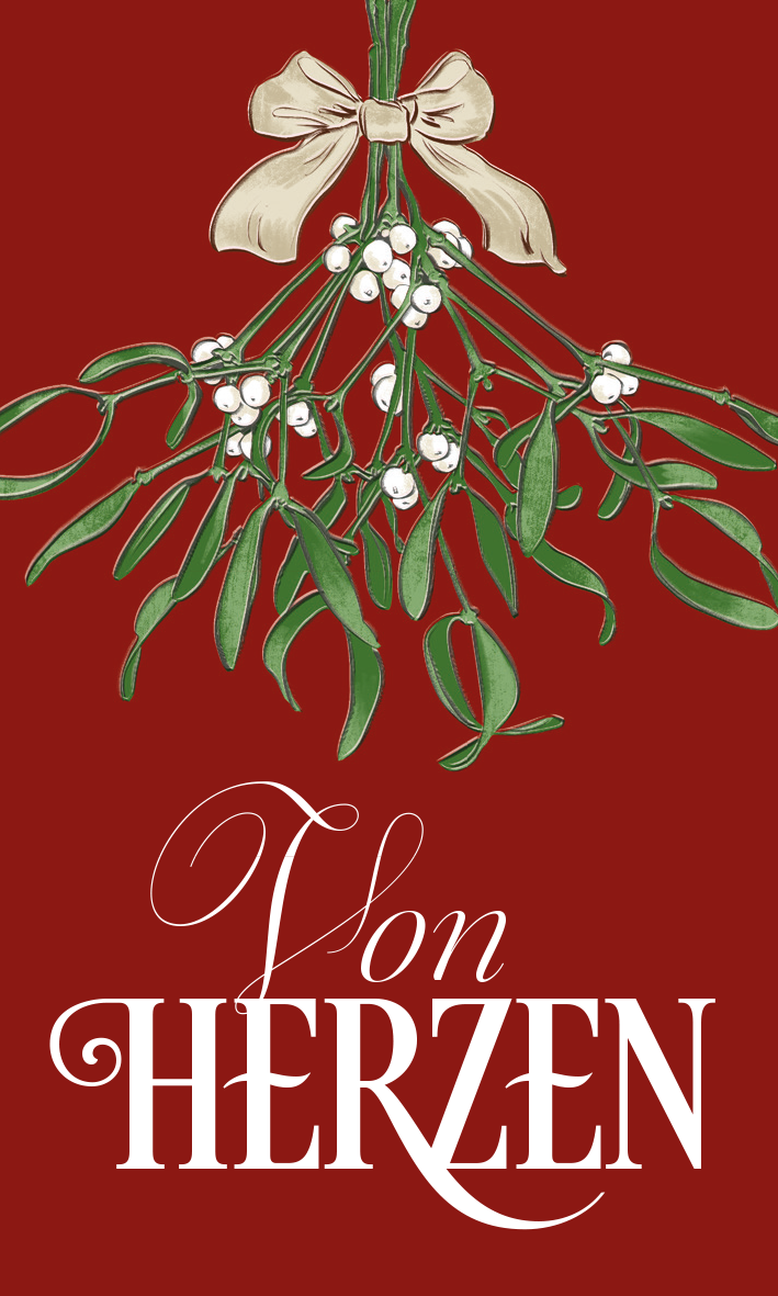 Gezeigt wird eine Innen- oder Zusatzansicht von „Zauberhafte Weihnachtszeit: 24 Geschenkanhänger WWS“. Der Hintergrund ist in einem tiefen Rot gehalten, während eine frische Mistel mit weißen Beeren und einem großen, hellen Schleifenband im oberen Bereich abgebildet ist. Der Schriftzug „Von Herzen“ wird in einer eleganten, geschwungenen Typografie in Weiß dargestellt, die dem Design eine festliche und liebevolle Note verleiht.