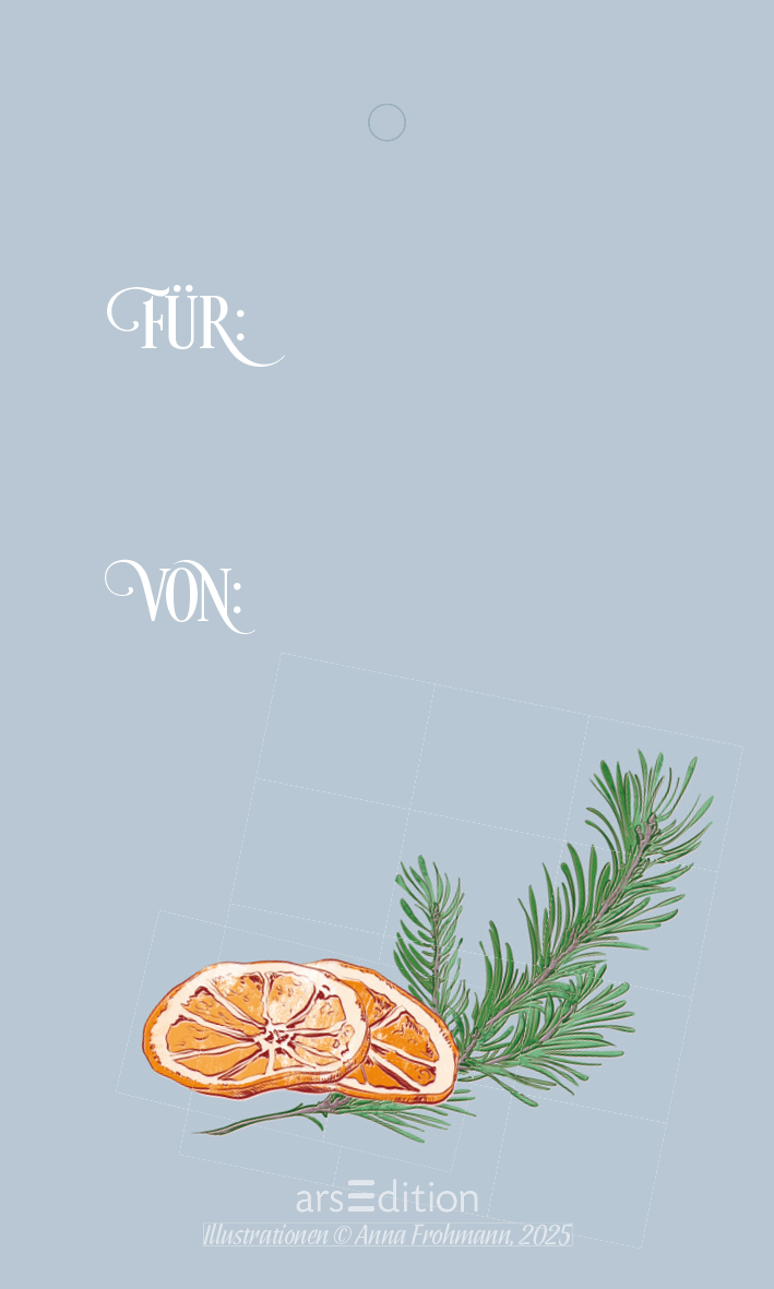 Gezeigt wird eine Innen- oder Zusatzansicht von „Zauberhafte Weihnachtszeit: 24 Geschenkanhänger WWS“. Die Anhänger haben einen sanften, blauen Hintergrund. Oben befinden sich die eleganten Schriftzüge „FÜR:“ und „VON:“ in geschwungener, weißer Typografie. Unten ist eine stilisierte Illustration von getrockneter Orange und einem Tannenzweig, die festliche Akzente setzen. Die Farben sind harmonisch und unterstreichen das saisonale Thema.