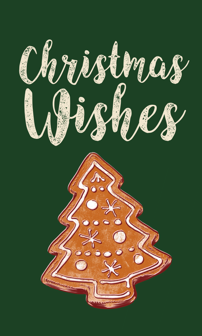 Gezeigt wird eine Innen- oder Zusatzansicht von „Zauberhafte Weihnachtszeit: 24 Geschenkanhänger WWS“. Die Ansicht zeigt einen Geschenkanhänger mit einem schlichten, dunkelgrünen Hintergrund. Darauf ist ein gezeichneter, brauner Weihnachtsbaum abgebildet, der mit weißen Verzierungen und Schneeflocken dekoriert ist. Der Schriftzug „Christmas Wishes“ in geschwungener, heller Schrift steht prominent über dem Baum und verleiht dem Anhänger eine festliche Atmosphäre.