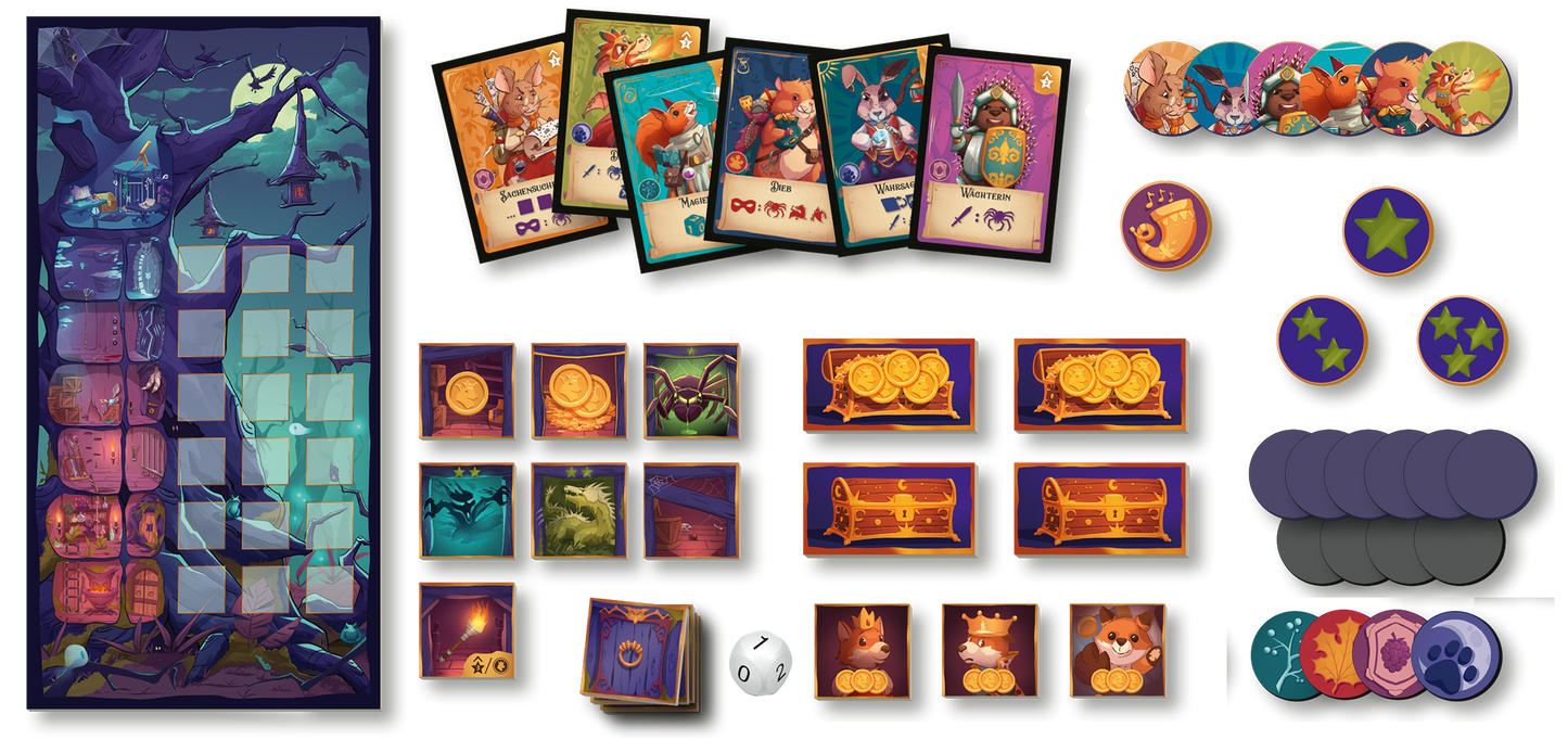 Gezeigt wird eine Innen- oder Zusatzansicht von „Dämmerwache“. Die Darstellung umfasst ein variierendes Gameplay-Board in sanften, dunklen Farben mit einem mystischen Waldmotiv. Dazu kommen farbige Spielkarten mit charakteristischen Illustrationen von verschiedenen Tierfiguren sowie Spielmarker in lebhaften Farben. Goldene Münzen und Schatztruhen sind ebenfalls abgebildet, ergänzt durch Würfel und runde Tokens in verschiedenen Größen. Die Typografie ist verspielt und gut lesbar,...