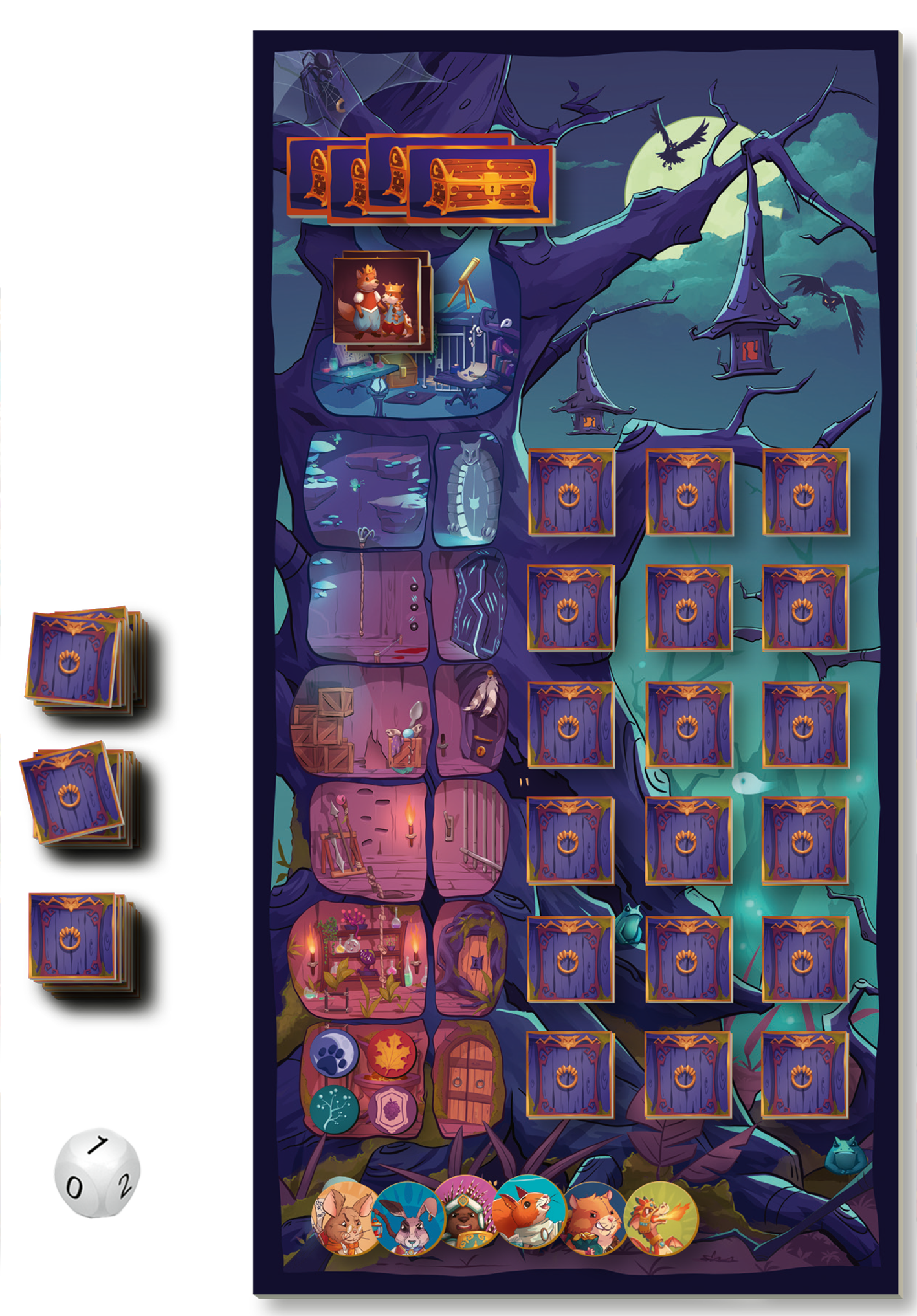 Gezeigt wird eine Innen- oder Zusatzansicht von „Dämmerwache“. Das Design zeigt einen dunklen, mystischen Hintergrund mit verschiedenen Symbolen und Illustrationen. Die Farbpalette umfasst kräftige Lila-, Blau- und Grüntöne, die durch orangefarbene Akzente lebendig wirken. Der Spielplan enthält quadratische Felder, die mit detaillierten Illustrationen versehen sind, sowie einen Bereich für Spielfiguren und Würfel, die in verspieltem Stil gestaltet sind. Die Typografie ist klar und...