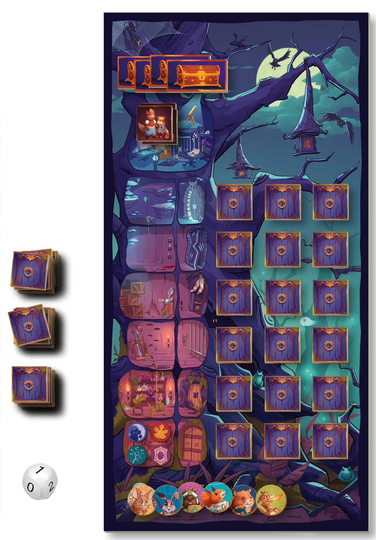 Gezeigt wird eine Innen- oder Zusatzansicht von „Dämmerwache“. Das Design zeigt einen dunklen, mystischen Hintergrund mit verschiedenen Symbolen und Illustrationen. Die Farbpalette umfasst kräftige Lila-, Blau- und Grüntöne, die durch orangefarbene Akzente lebendig wirken. Der Spielplan enthält quadratische Felder, die mit detaillierten Illustrationen versehen sind, sowie einen Bereich für Spielfiguren und Würfel, die in verspieltem Stil gestaltet sind. Die Typografie ist klar und...