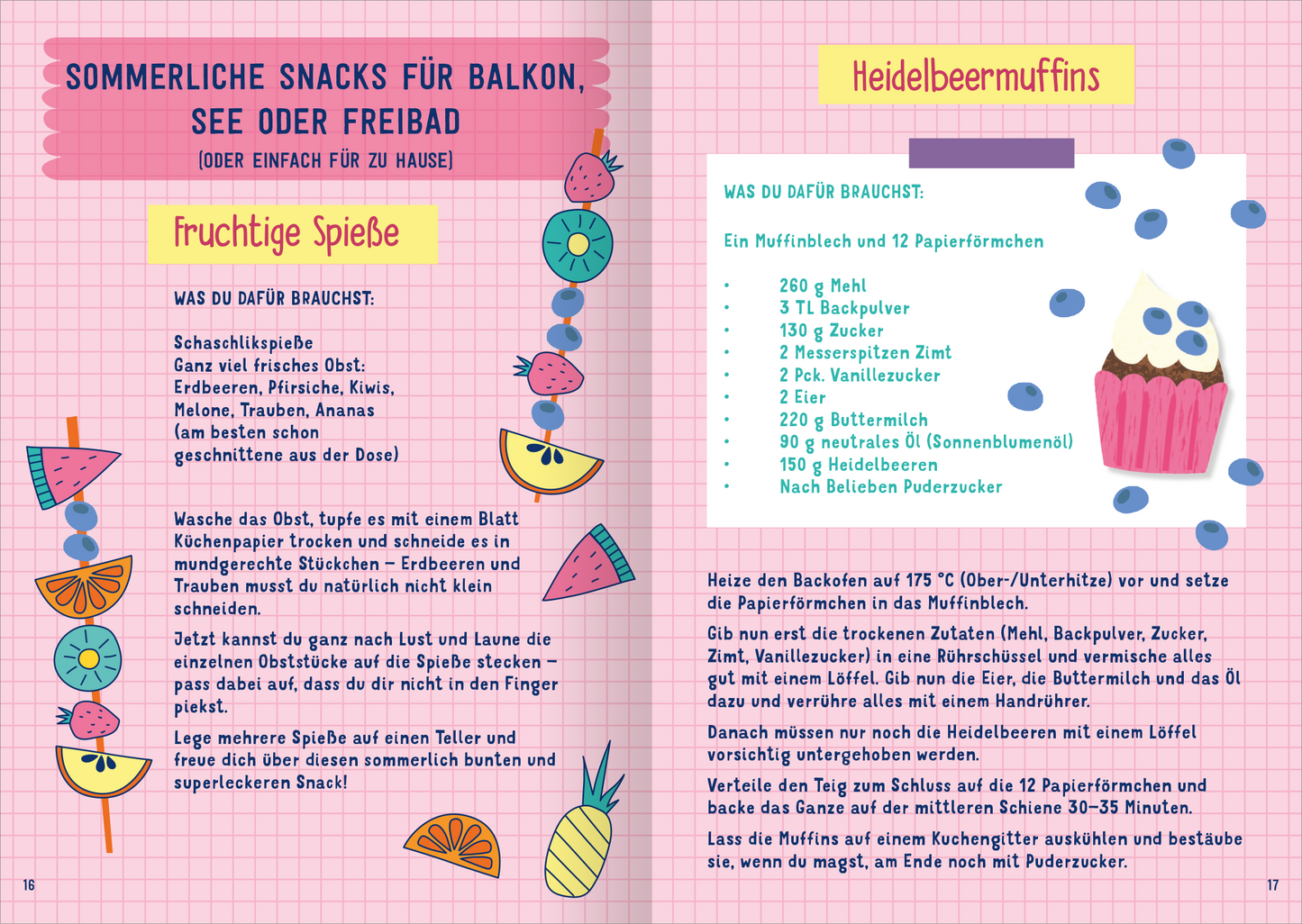 Gezeigt wird eine Innen- oder Zusatzansicht von „I Love Summer – Summer Journal“. Die Seite zeigt einen hellen, bunten Hintergrund mit geometrischen Mustern in Farben wie Pink, Blau und Gelb. Die Überschrift „Sommerliche Snacks für Balkon, See oder Freibad“ ist in einer auffälligen, handschriftlichen Schriftart gestaltet. Die Rezepte sind in klarer, gut lesbarer Typografie strukturiert, mit Icons von Früchten und Muffins, die die Inhalte visuell unterstützen und einladend wirken.