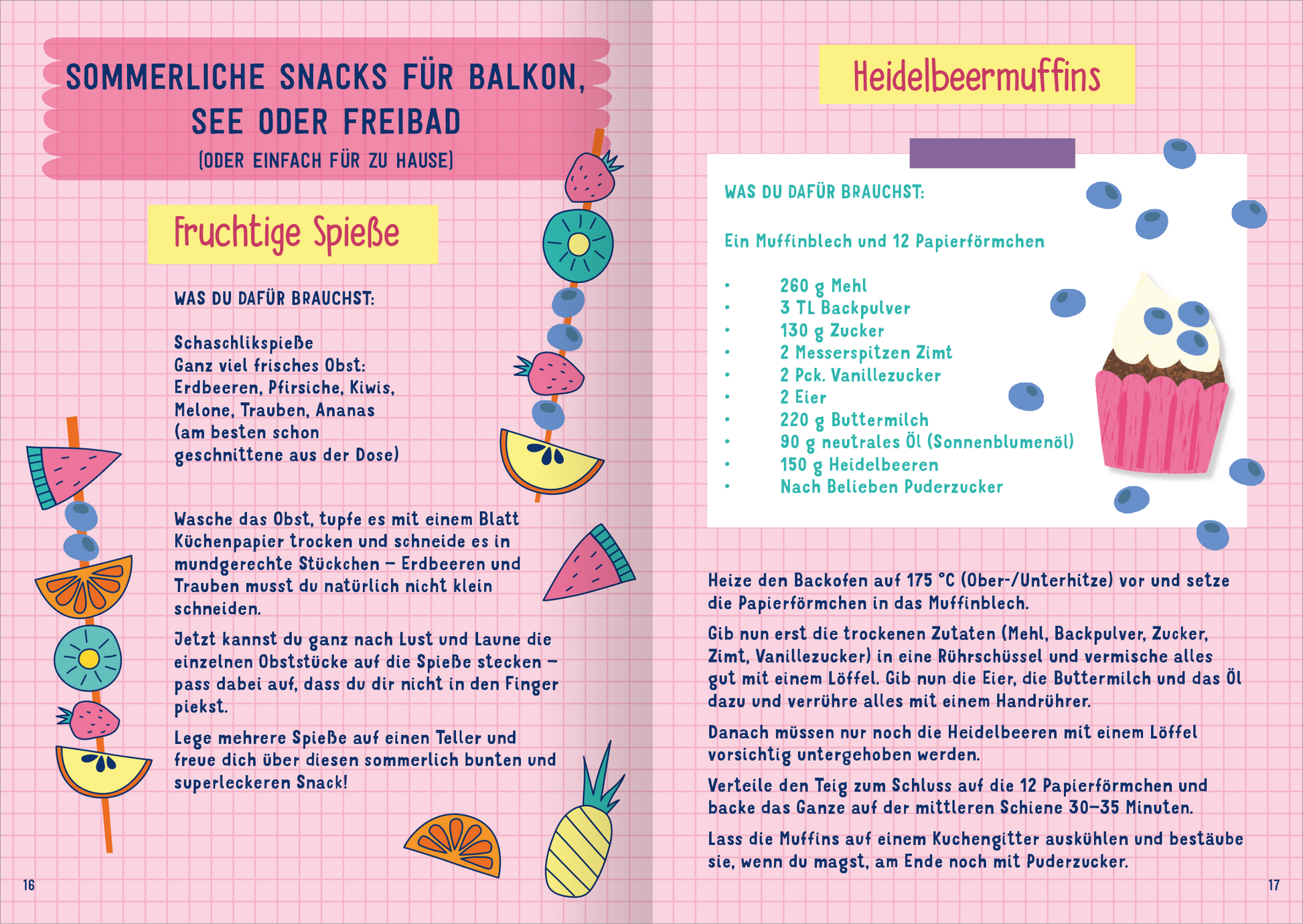 Gezeigt wird eine Innen- oder Zusatzansicht von „I Love Summer – Summer Journal“. Die Seite zeigt einen hellen, bunten Hintergrund mit geometrischen Mustern in Farben wie Pink, Blau und Gelb. Die Überschrift „Sommerliche Snacks für Balkon, See oder Freibad“ ist in einer auffälligen, handschriftlichen Schriftart gestaltet. Die Rezepte sind in klarer, gut lesbarer Typografie strukturiert, mit Icons von Früchten und Muffins, die die Inhalte visuell unterstützen und einladend wirken.