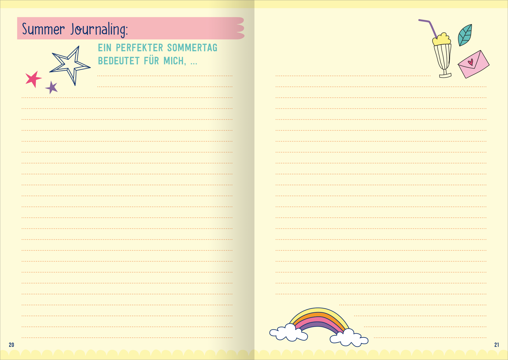 Gezeigt wird eine Innen- oder Zusatzansicht von „I Love Summer – Summer Journal“. Die Seite ist in sanften Gelbtönen gehalten und bietet verschiedene Gestaltungselemente. Oben links befindet sich der Schriftzug „Summer Journaling“ in einer verspielten, pastellfarbenen Schrift. Daneben sind bunte Symbole wie Sterne, ein Regenbogen und ein Getränk abgebildet. Der untere Teil der Seite enthält Linien für Notizen, während der Hintergrund stimmig und sommerlich wirkt.