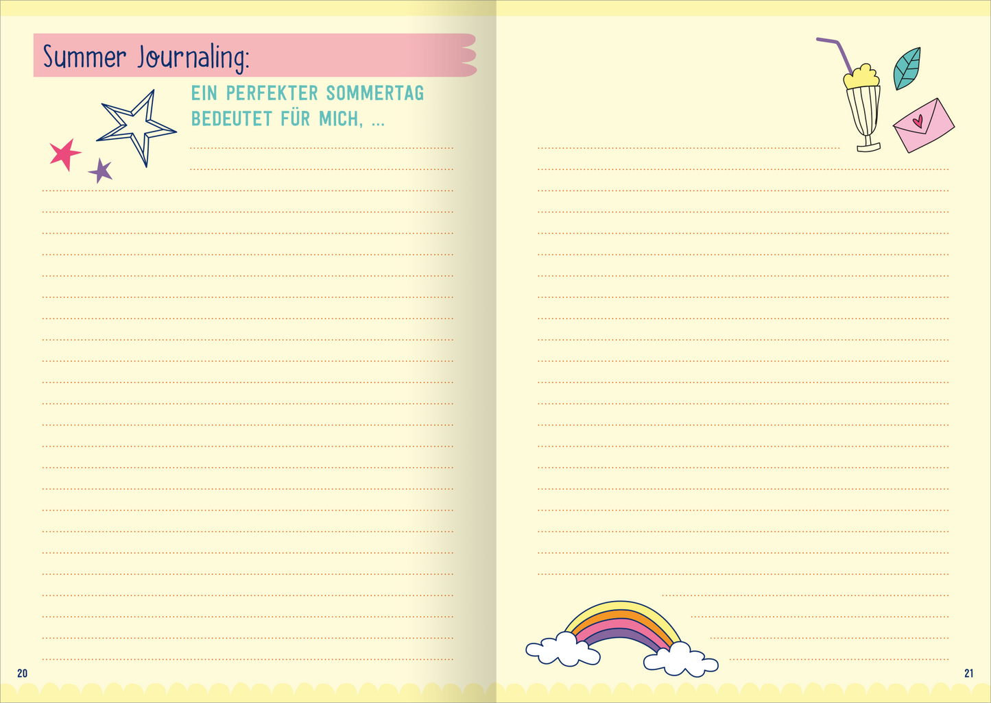 Gezeigt wird eine Innen- oder Zusatzansicht von „I Love Summer – Summer Journal“. Die Seite ist in sanften Gelbtönen gehalten und bietet verschiedene Gestaltungselemente. Oben links befindet sich der Schriftzug „Summer Journaling“ in einer verspielten, pastellfarbenen Schrift. Daneben sind bunte Symbole wie Sterne, ein Regenbogen und ein Getränk abgebildet. Der untere Teil der Seite enthält Linien für Notizen, während der Hintergrund stimmig und sommerlich wirkt.