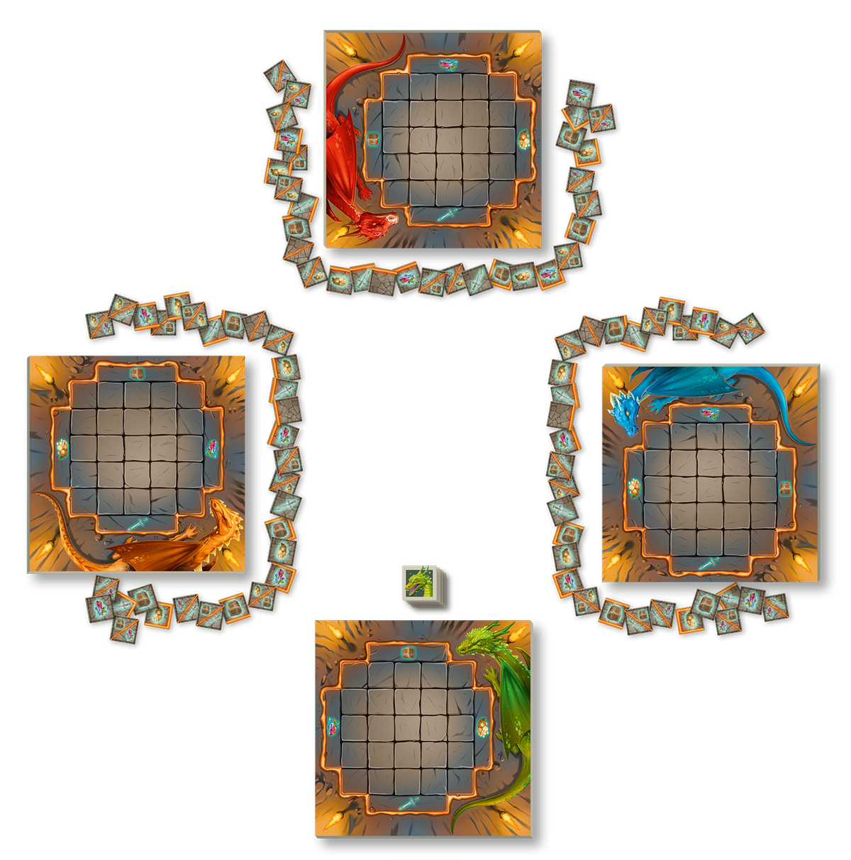 Gezeigt wird eine Innen- oder Zusatzansicht von „Hüter des Schatzes“. In der Mitte sind vier quadratische Spielbrettbereiche angeordnet, umgeben von bunten Kartenreihen. Jedes Brett besitzt ein gitterförmiges Layout in warmen Erdtönen wie Braun und Orange. Die Ecken sind durch orangefarbige Rahmen betont. Die Karten sind detailreich illustriert und folgende Spielerfarben sind enthalten: rot, blau, grün und gelb. Ein würfelförmiger Marker steht in der Mitte, der das Spielgeschehen...