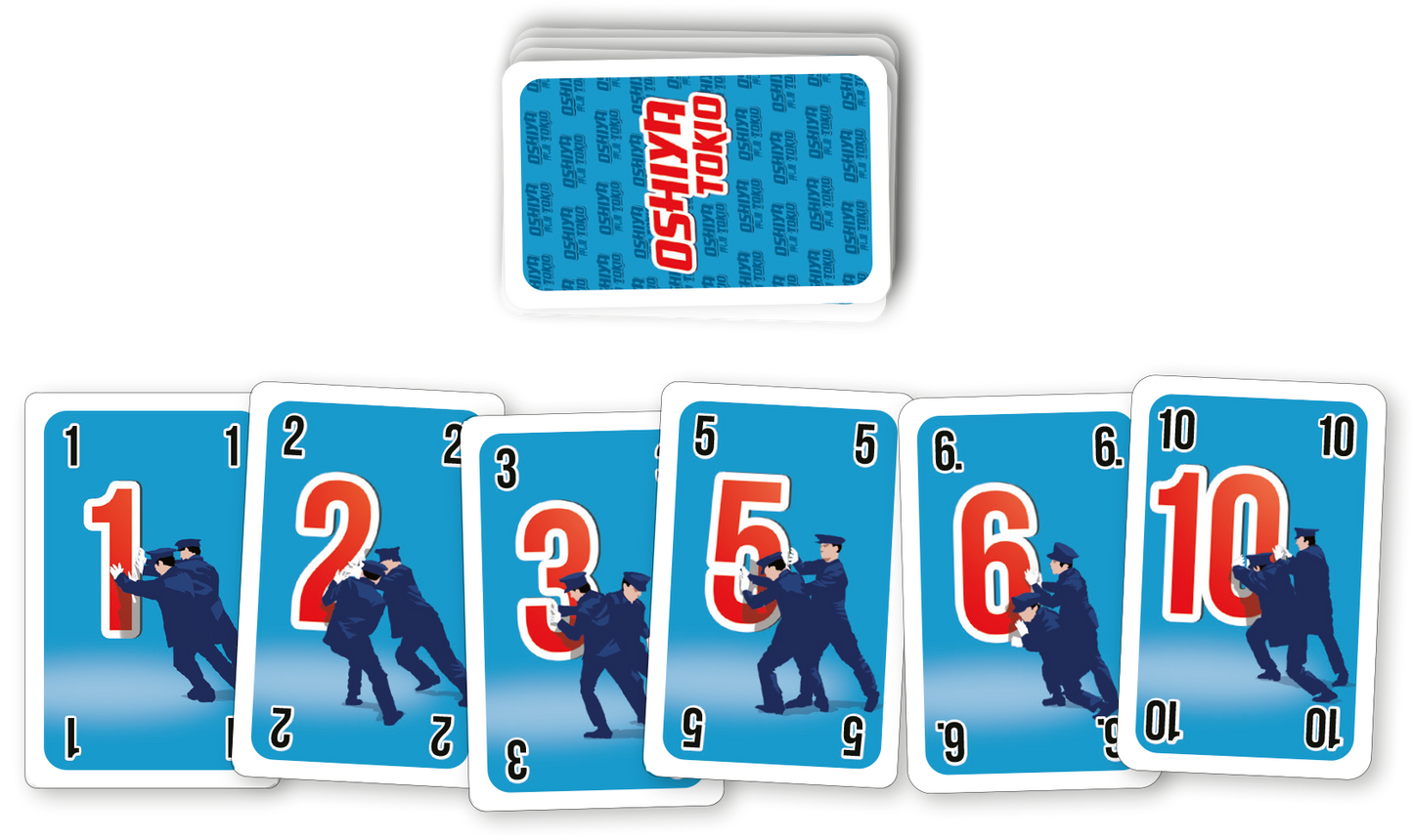Gezeigt wird eine Innen- oder Zusatzansicht von „Oshiya“. Die Karten sind in lebhaftem Blau gehalten und präsentieren große, auffällige Zahlen in rot. Jede Karte zeigt eine andere Zahl, begleitet von stilisierten Abbildungen von Polizisten, die die Zahlen grafisch unterstützen. Die Typografie ist klar und modern, was die Lesbarkeit erhöht. Der Stapel Karten im Hintergrund wirkt kompakt und sorgt für einen einheitlichen Gesamteindruck.