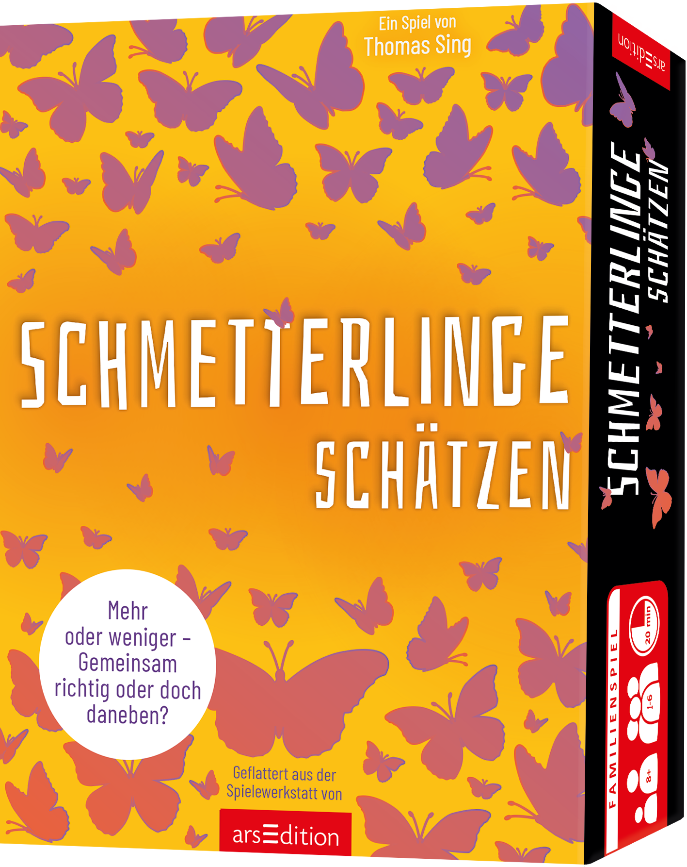 Das Cover zeigt einen leuchtend gelben Hintergrund, dekoriert mit bunten Schmetterlingen in verschiedenen Größen und Farben. Der Titel „SCHMETTERLINGE SCHÄTZEN“ ist prominent in Weiß und einer verspielten Schriftart platziert. Oben links befindet sich der Hinweis „Ein Spiel von Thomas Sing“. Ganz unten mittig steht der Logoschriftzug von arsEdition.