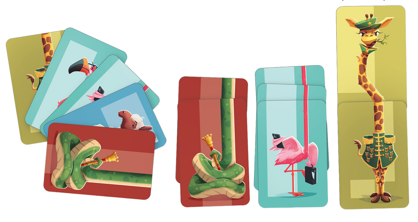 Gezeigt wird eine Innen- oder Zusatzansicht von „Hohe Tiere“. Die Ansicht beinhaltet mehrere Spielkarten in verschiedenen Farben und Designs. Die Karten zeigen stilisierte tierische Charaktere, darunter eine Giraffe in Uniform, einen Flamingo mit Hut und eine Schlange in einer dynamischen Pose. Die Farbpalette umfasst sanfte Blau-, Rot- und Grüntöne, die lebendig und ansprechend wirken. Die Typografie auf den Karten ist klar und gut lesbar, passend zum spielerischen Thema des Produkts.