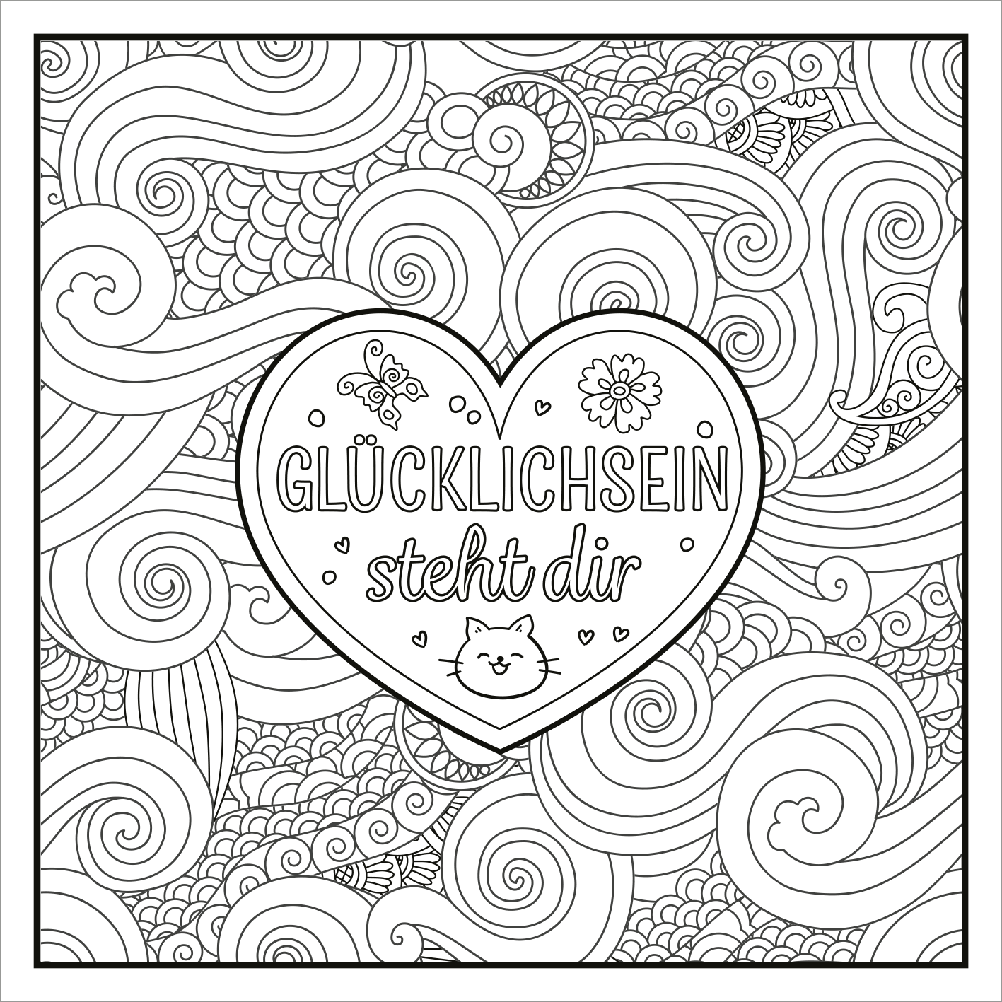Gezeigt wird eine Innen- oder Zusatzansicht von „Ausmalen. Abschalten. Glücklich sein.“. Im Mittelpunkt steht ein großes Herz, umgeben von geschwungenen, dekorativen Linien und Mustern. Innerhalb des Herzens steht in fetter, verspielter Schrift „GLÜCKLICHSEIN steht dir“. Kleinere Motive wie eine Katze und Blumen ergänzen die Gestaltung. Die Farbgebung ist in Schwarz-Weiß gehalten, was zur Ausmalaktivität einlädt und eine entspannende Atmosphäre schafft.