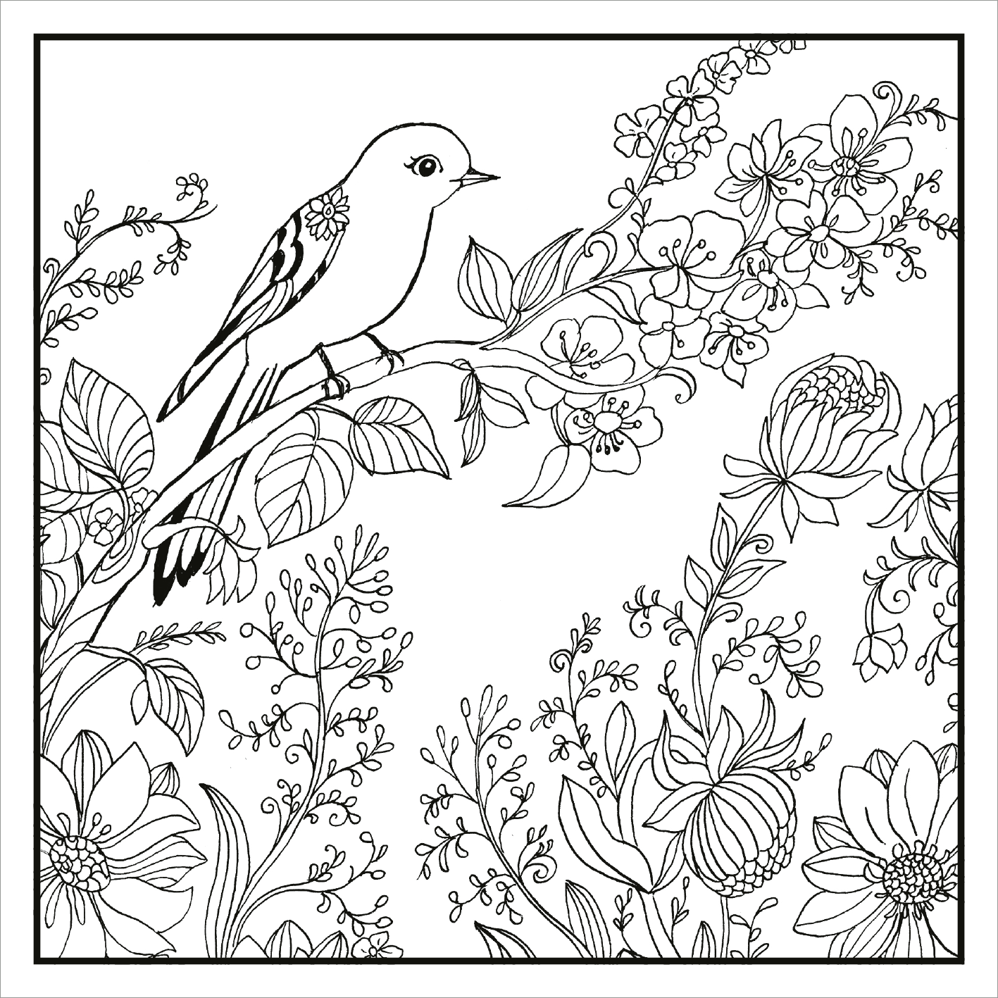 Gezeigt wird eine Innen- oder Zusatzansicht von „Ausmalen. Abschalten. Glücklich sein.“. Die Illustrationen zeigen einen detaillierten Vogel, der auf einem blühenden Ast sitzt, umgeben von üppigen Blumen und zarten Blättern. Die Linien sind klar und präzise, in einem kontrastreichen Schwarz-Weiß-Design gehalten, welches eine Vielzahl von natürlichen Formen und Muster darstellt. Die Schrift ist in einer sanften, eleganten Typografie gestaltet, die Ruhe und Kreativität ausstrahlt.