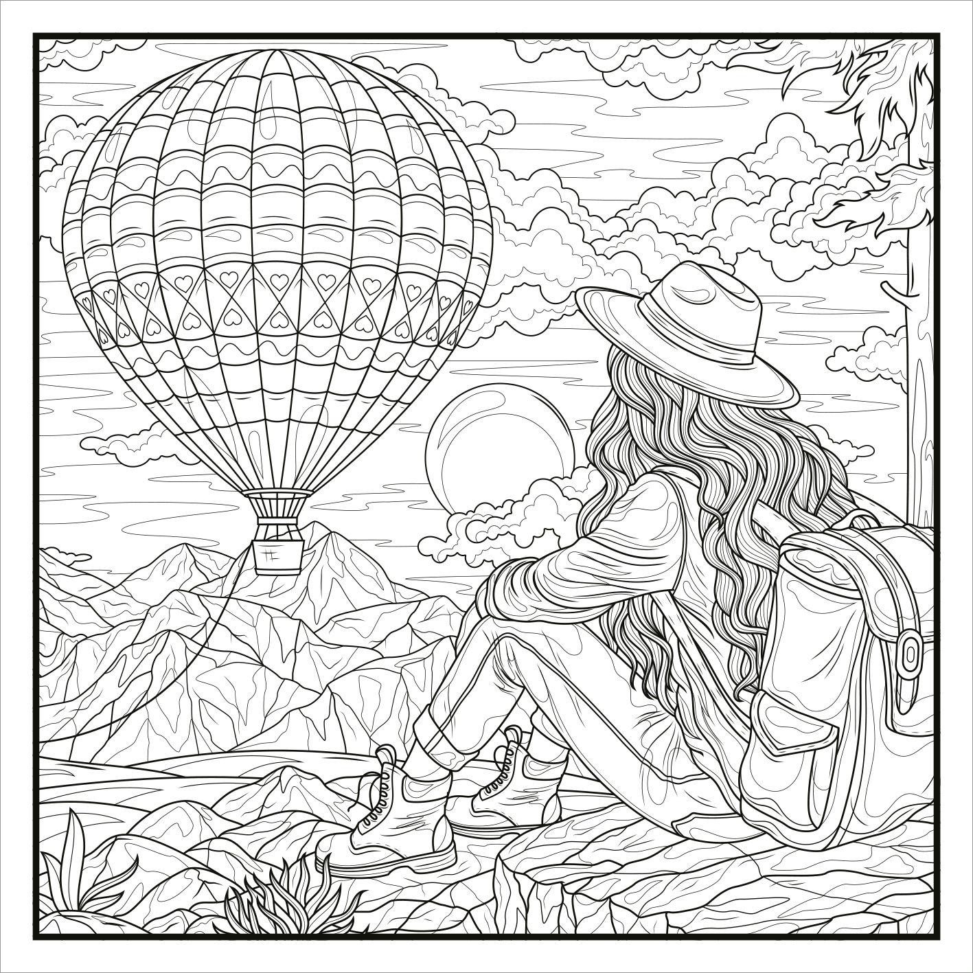 Gezeigt wird eine Innen- oder Zusatzansicht von „Ausmalen. Abschalten. Glücklich sein.“. Die Illustration zeigt eine Frau mit langen, welligen Haaren und einem Hut, die auf einem Felsen sitzt und eine Landschaft betrachtet. Im Hintergrund schwebt ein bunter Heißluftballon über Berggipfeln. Die Szene ist in klaren, schwarz-weißen Konturen gehalten, mit einem Fokus auf die entspannende Atmosphäre und Naturdetails wie Wolken und Pflanzen. Die klare Typografie unterstützt die visuelle...