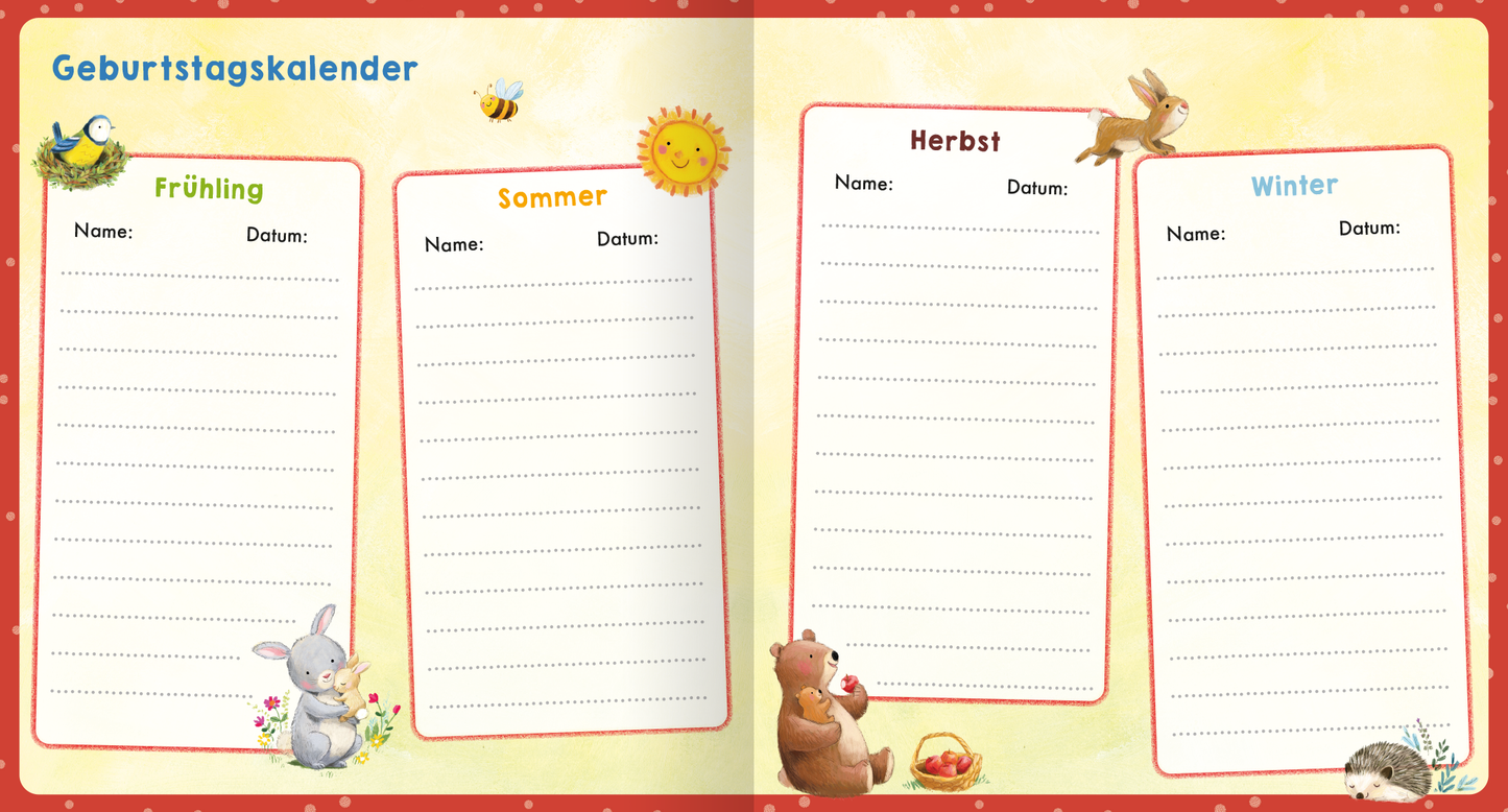 Gezeigt wird eine Innenansicht von „Meine allerersten Freunde“. Die Doppelseite enthält einen Geburtstagskalender mit vier saisonalen Kategorien: Frühling, Sommer, Herbst und Winter. Jede Kategorie bietet Platz für den Namen und das Datum. Die Farben sind sanft und hell, mit einem pastellgelben Hintergrund und akzentuierten, bunten Illustrationen von Tieren wie einem Hasen, einem Bären und Insekten. Der Titel ist in einer verspielten Schriftart in Blau oben links platziert.