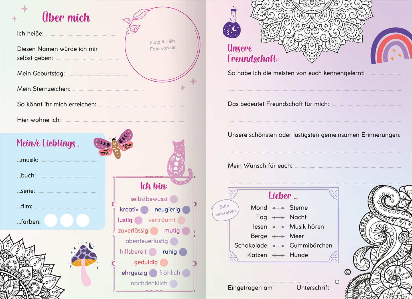 Gezeigt wird eine Innenansicht von „My Best Friends | Freundebuch mit Magic Mandalas“. Die Seiten sind in sanften Pastellfarben gehalten, überwiegend in Rosa, Violett und Hellblau. Es gibt dekorative Elemente wie eine Mandala-Illustration und eine Regenbogenzeichnung. Die Typografie ist verspielt und einladend, mit hervorgehobenen Überschriften. Eingabefelder ermöglichen persönliche Angaben, und es sind bunte Symbole wie Schmetterlinge und Pilze sichtbar, die die verspielte Stimmung...