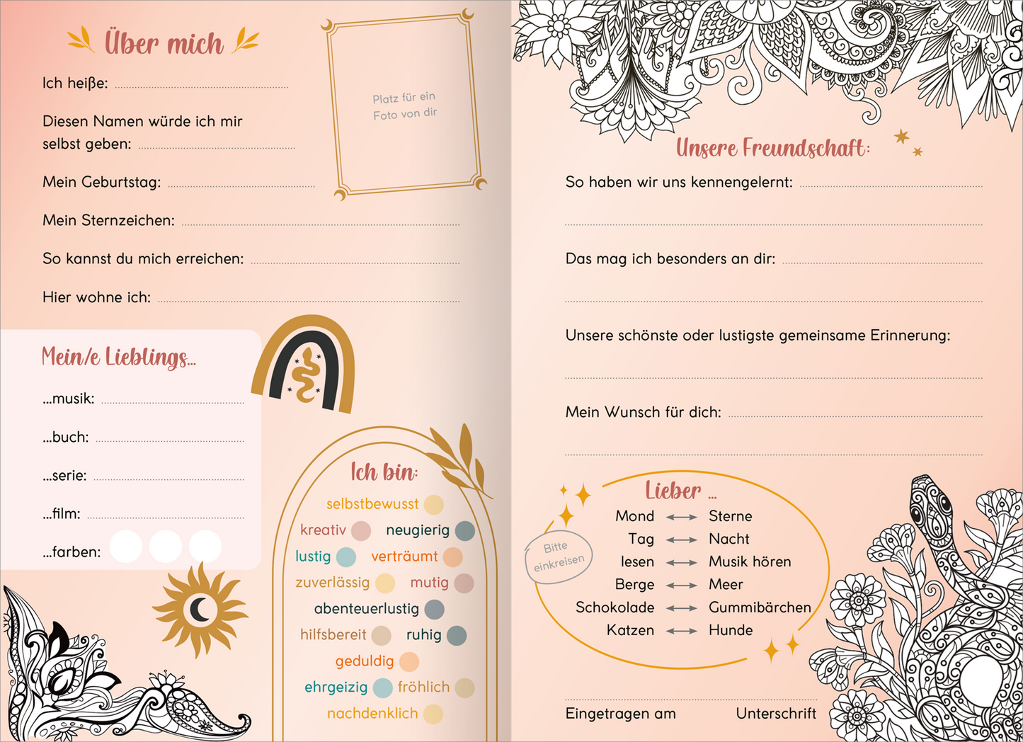 Gezeigt wird eine Innen- oder Zusatzansicht von „My Best Friends | Freundebuch mit Magic Mandalas“. Die Seite ist in sanften Pastelltönen gehalten, mit dominierenden Rosé- und Gelbtönen. Auf der linken Seite befinden sich Bereiche für persönliche Angaben wie „Über mich“ und „Mein Lieblings…“, umrahmt von zarten Mandala-Mustern. Rechts sind Felder für Freundschaftserinnerungen und Wünsche abgedruckt. Die Typografie ist verspielt und freundlich, ergänzt durch ein...