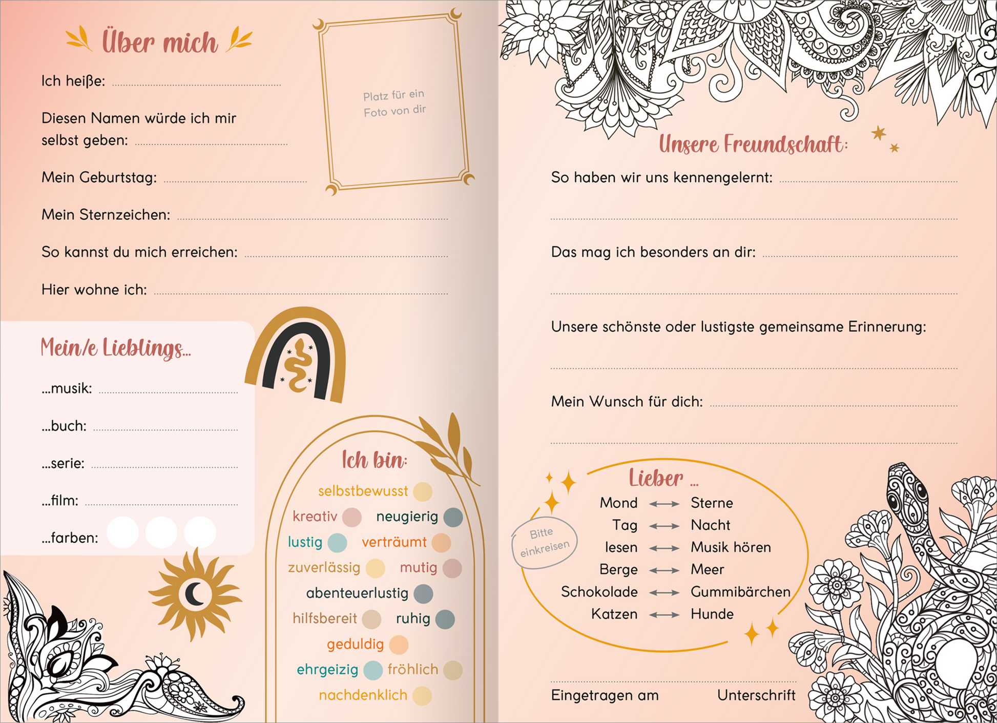 Gezeigt wird eine Innen- oder Zusatzansicht von „My Best Friends | Freundebuch mit Magic Mandalas“. Die Seite ist in sanften Pastelltönen gehalten, mit dominierenden Rosé- und Gelbtönen. Auf der linken Seite befinden sich Bereiche für persönliche Angaben wie „Über mich“ und „Mein Lieblings…“, umrahmt von zarten Mandala-Mustern. Rechts sind Felder für Freundschaftserinnerungen und Wünsche abgedruckt. Die Typografie ist verspielt und freundlich, ergänzt durch ein...