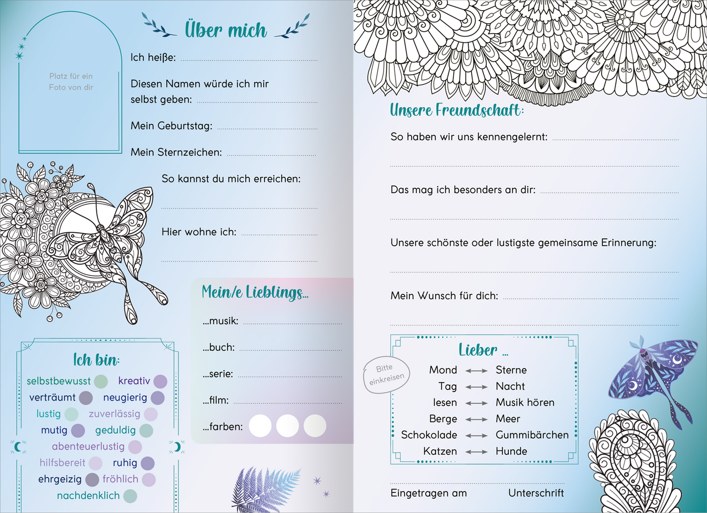 Gezeigt wird eine Innen- oder Zusatzansicht von „My Best Friends | Freundebuch mit Magic Mandalas“. Die Seite ist hellblau und enthält verschiedene Felder für persönliche Angaben, umrahmt von filigranen, schwarz-weißen Mandala-Mustern. Links befinden sich Abschnitte mit Überschriften wie „Über mich“ und „Ich bin“, um persönliche Informationen zu sammeln. Rechts sind Bereiche für die Beschreibung von Freundschaften und Vorlieben, mit symbolischen Illustrationen. Die...