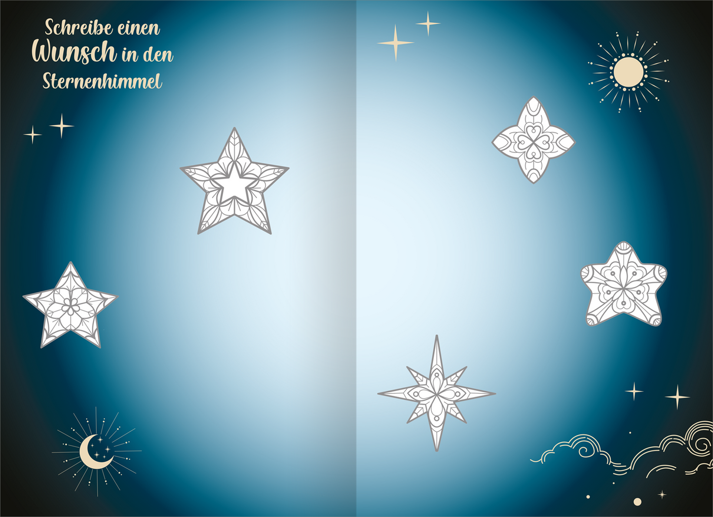Gezeigt wird eine Innen- oder Zusatzansicht von „My Best Friends | Freundebuch mit Magic Mandalas“. Der Hintergrund ist in sanften Blau- und Schwarztönen gestaltet, vermittelt eine nächtliche Stimmung. In der oberen linken Ecke steht in geschwungener, goldener Schrift der Satz „Schreibe einen Wunsch in den Sternenhimmel“. Stilvolle, umrahmte Sterne und eine Mondsymbolik sind über die Seite verteilt, ergänzt durch feine Wolken- und Sonnenmotive. Die Typografie wirkt verspielt und...