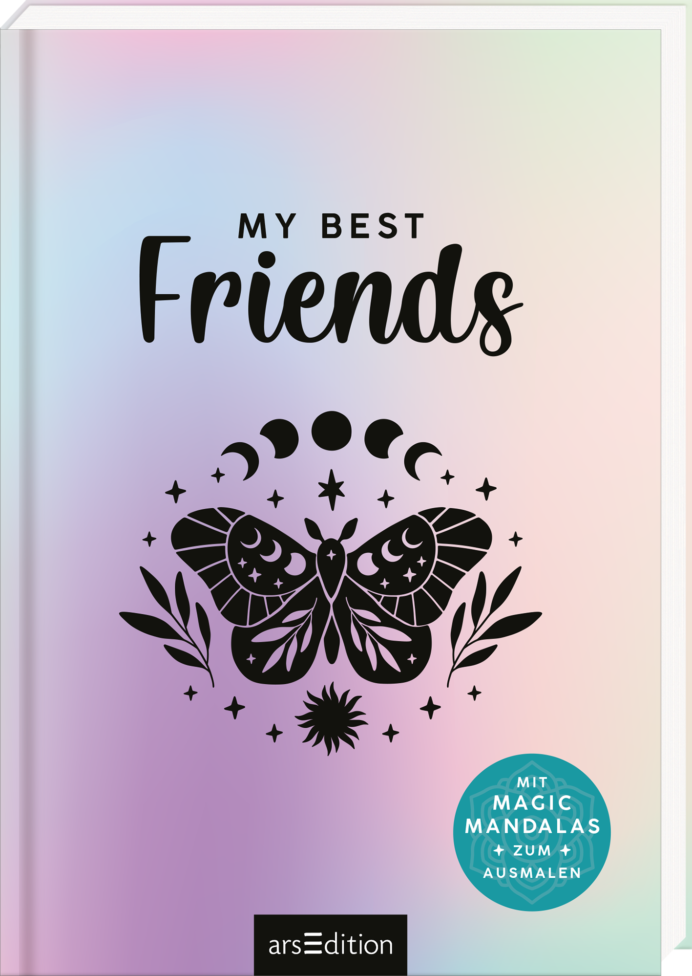 Das Buchcover zeigt einen sanften, schimmernden Farbverlauf in Pastelltönen. Oben steht in eleganter, schwarzer Schrift „MY BEST Friends“, während darunter eine stilisierte, schwarze Schmetterlingsillustration mit botanischen Elementen präsentiert wird. In der unteren rechten Ecke befindet sich ein blauer Button mit dem Text „MIT MAGIC MANDALAS ZUM AUSMALEN“. Die gesamte Komposition vermittelt eine freundliche und kreative Atmosphäre. Ganz unten mittig steht der Logoschriftzug von...