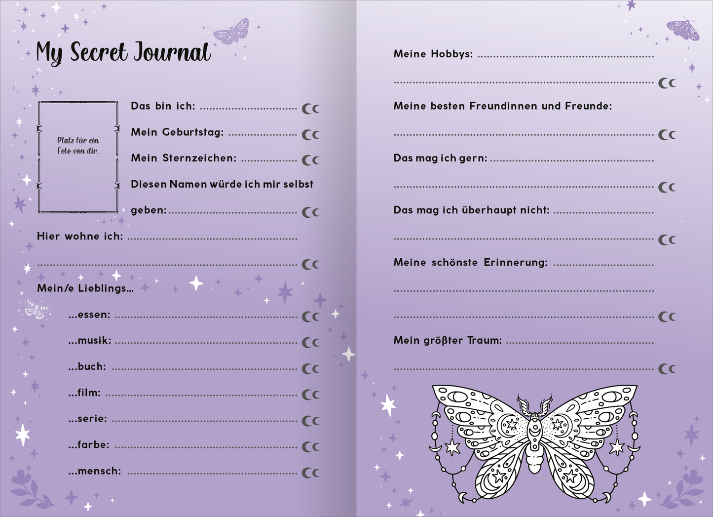 Gezeigt wird eine Innenansicht von „My Secret Journal | Tagebuch mit Schloss“. Die beiden Seiten sind in sanften Lilatönen gehalten und mit zarten, glitzernden Sternen sowie Schmetterlingen verziert. Auf der linken Seite finden sich vorgedruckte Felder für persönliche Angaben wie „Das bin ich“ und „Hier wohne ich“. Rechts stehen Themen wie „Meine Hobbys“ und „Meine besten Freundinnen und Freunde“ zum Ausfüllen bereit. Die verspielte Typografie vermittelt eine einladende...