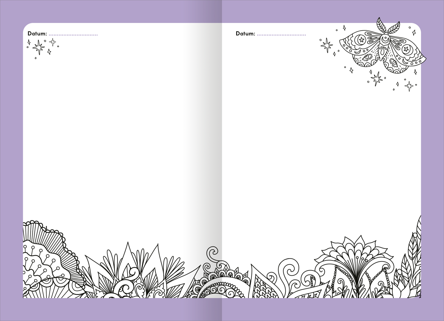 Gezeigt wird eine Innen- oder Zusatzansicht von „My Secret Journal | Tagebuch mit Schloss“. Die Doppelseite zeigt einen lila Hintergrund mit verschiedenen handgezeichneten, kontrastierenden Schwarz-Weiß-Motiven, darunter Blumen und ornamentale Muster, an der unteren Seite. Oben sind leere Felder für das Datum vorgesehen. Die Typografie ist klar und schlicht, um einen ungestörten Schreibfluss zu ermöglichen.