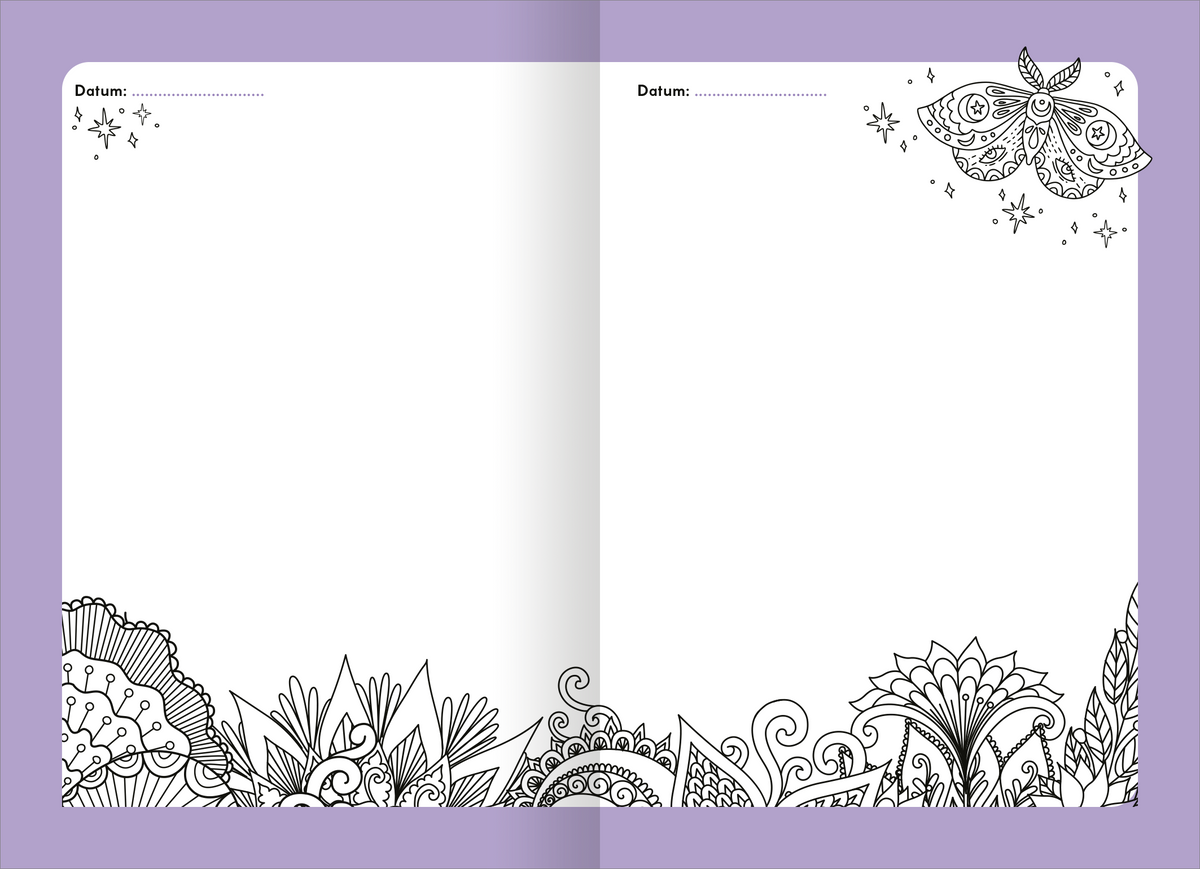 Gezeigt wird eine Innen- oder Zusatzansicht von „My Secret Journal | Tagebuch mit Schloss“. Die Doppelseite zeigt einen lila Hintergrund mit verschiedenen handgezeichneten, kontrastierenden Schwarz-Weiß-Motiven, darunter Blumen und ornamentale Muster, an der unteren Seite. Oben sind leere Felder für das Datum vorgesehen. Die Typografie ist klar und schlicht, um einen ungestörten Schreibfluss zu ermöglichen.