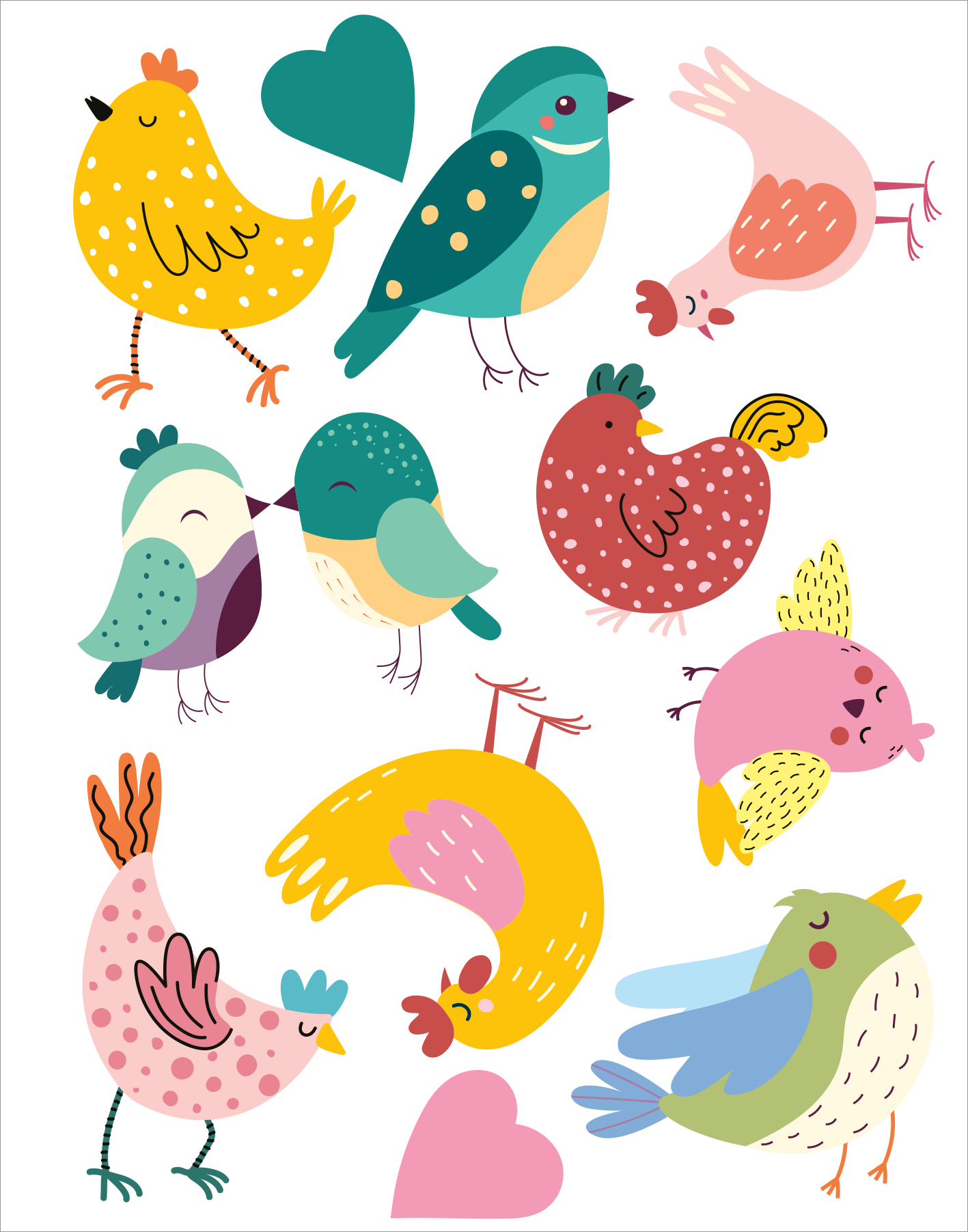 Gezeigt wird eine Innen- oder Zusatzansicht von „Diamant-Oster-Anhänger“. Die Darstellung zeigt eine bunte Auswahl von grafisch gestalteten Vögeln in verschiedenen Farben wie Gelb, Grün, Rosa und Blau. Die Vögel sind verspielt gezeichnet und variieren in Position und Form. Der Hintergrund ist hell, wodurch die lebendigen Farben der Vögel hervorstechen. Außerdem sind einige Herzen in der Komposition integriert, die eine fröhliche und einladende Atmosphäre schaffen.