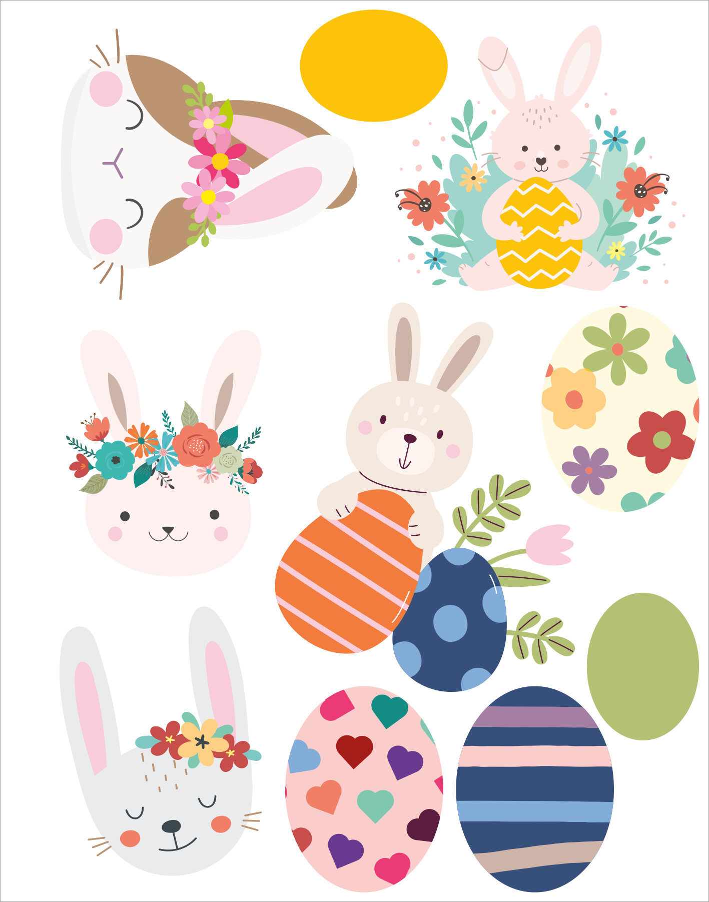 Gezeigt wird eine Innen- oder Zusatzansicht von „Diamant-Oster-Anhänger“. Die Darstellung enthält verschiedene fröhliche, bunt gestaltete Osterhasen und Ostereier in sanften Pastellfarben. Die Hasen sind mit Blumenkränzen verziert, während die Eier mit echten Blumen, Herzen und gestreiften Mustern geschmückt sind. Die Typografie und grafischen Elemente sind spielerisch und kinderfreundlich gestaltet, wodurch eine festliche und einladende Atmosphäre vermittelt wird.