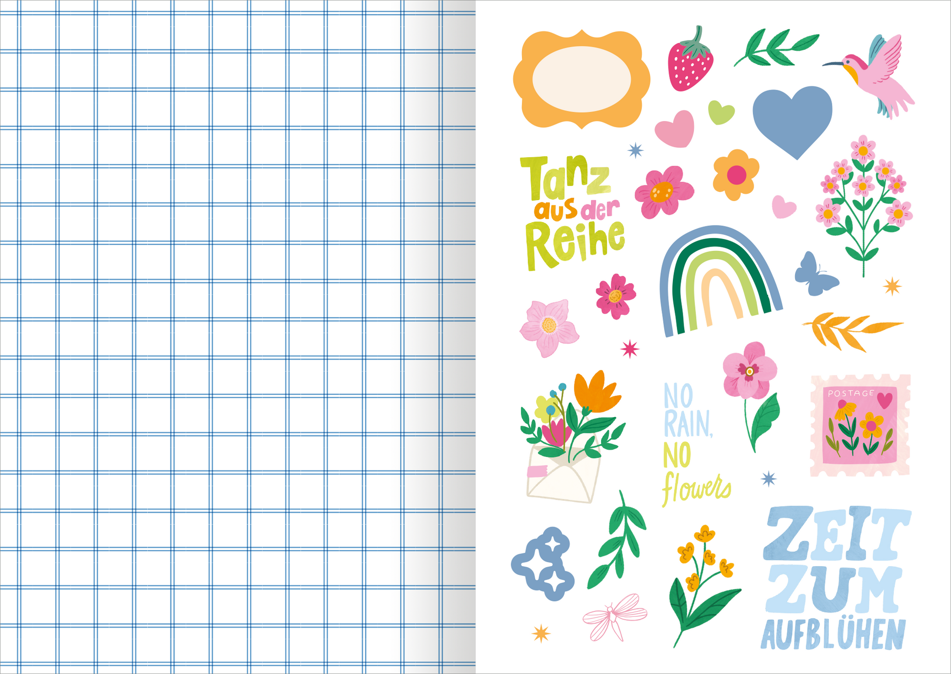 Gezeigt wird eine Innen- oder Zusatzansicht von „I Love to Bloom – Sticker-Liebe“. Die Gestaltung enthält bunte, fröhliche Aufkleber mit Motiven wie Blumen, Herzen und einem Regenbogen. Die Farbpalette umfasst Pastelltöne sowie lebhafte Farben wie Pink, Gelb und Blau. Unterschiedliche Schriftarten ergänzen die Illustrationen. Einige Sticker tragen Texte wie „Tanz aus der Reihe“ und „ZEIT ZUM AUFBLOOMEN“, die in verspielter, handschriftlicher Typografie gestaltet sind. Der...