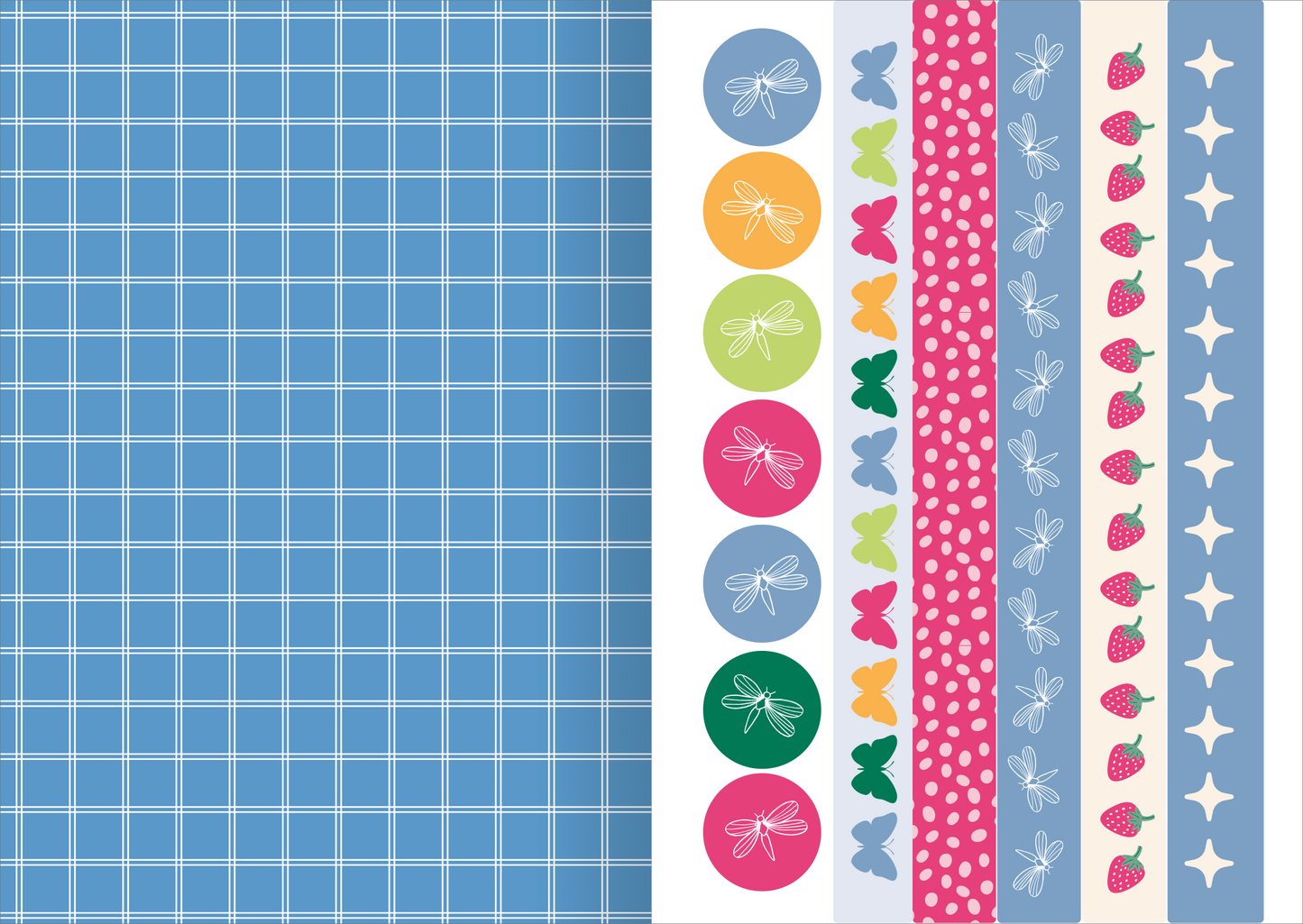 Gezeigt wird eine Innen- oder Zusatzansicht von „I Love to Bloom – Sticker-Liebe“. Die Darstellung umfasst einen karierten Hintergrund in Blau auf der linken Seite. Rechts sind farbenfrohe Sticker angeordnet, darunter runde und rechteckige Formen in Tönen wie Orange, Grün, Pink und Hellblau. Zu sehen sind Motive wie Schmetterlinge und Erdbeeren sowie Punkte und Sterne. Die Typografie ist schlicht gehalten, ohne textuelle Elemente.