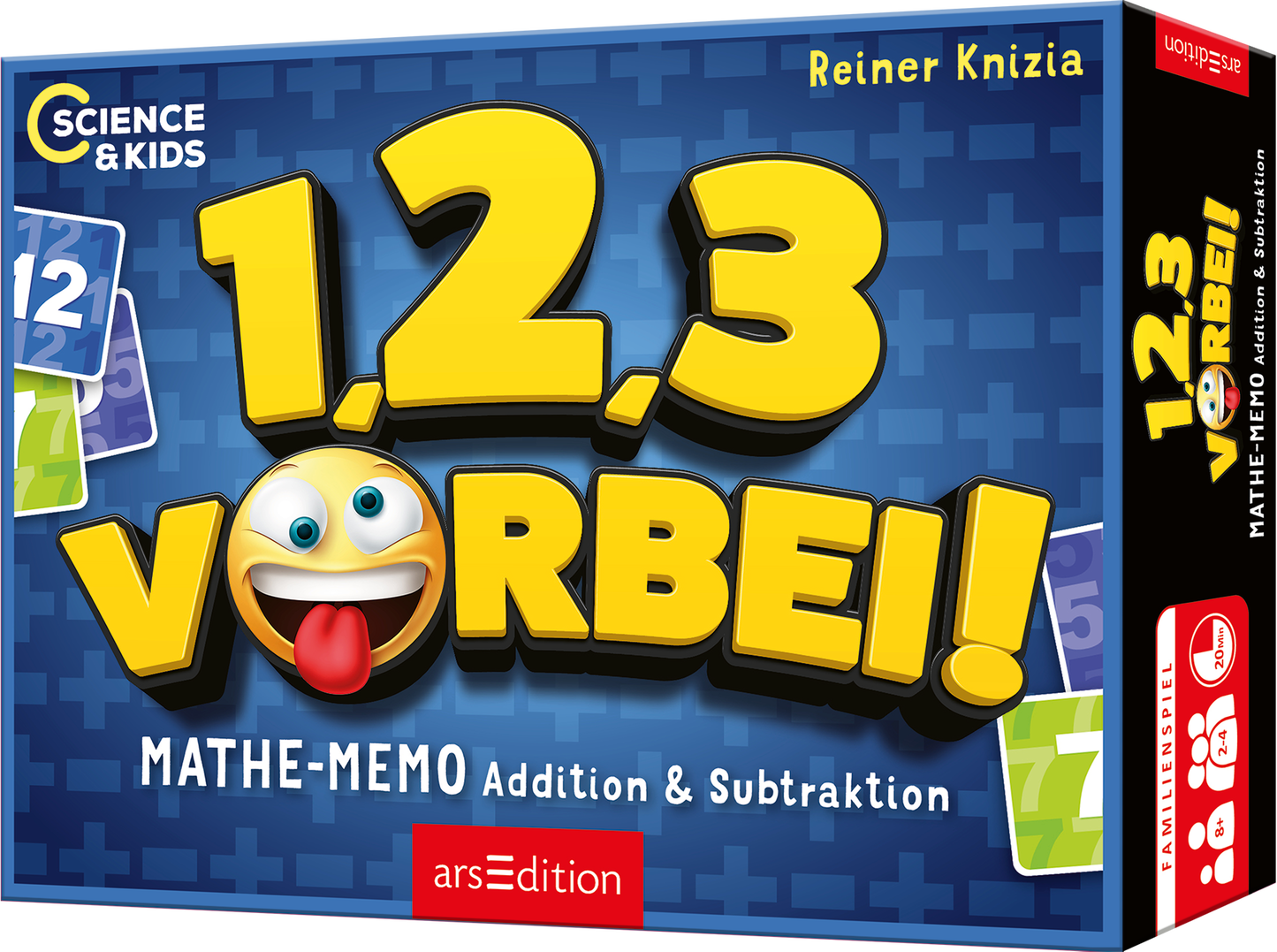 Das Buchcover zeigt den Titel „1,2,3 VORBEI!“ in großen, gelben Buchstaben, die vor einem blauen, wortspielhaften Hintergrund stehen, der mit Zahlenmustern verziert ist. In der Mitte befindet sich ein fröhliches Emoji mit herausgestreckter Zunge. Darunter steht „MATHE-MEMO Addition & Subtraktion“ in einer klaren, weißen Schrift. Oben rechts ist der Authorennamen „Reiner Knizia“ abgebildet. Ein roter SPIEGEL-Bestseller-Button ist in der oberen rechten Ecke vorhanden. Ganz...