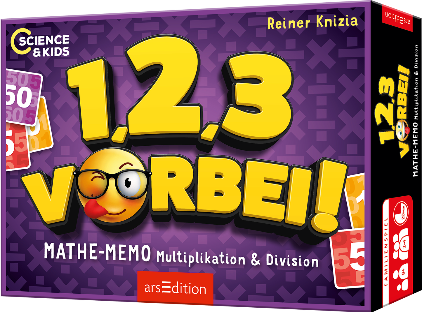 Das Buchcover zeigt auf einem lila Hintergrund den Titel „1, 2, 3 VORBEI!“ in großen, gelben Buchstaben mit einem lächelnden Emoji, das eine Brille trägt. Daneben sind bunte Zahlenkarten in verschiedenen Farben zu sehen. Der Autor Reiner Knizia steht oben rechts in kleiner, weißer Schrift. Unterhalb des Titels informiert der Text „MATHE-MEMO Multiplikation & Division“ über den Inhalt. Oben links befindet sich der Button „SPIEGEL-Bestseller“. Ganz unten mittig steht der...