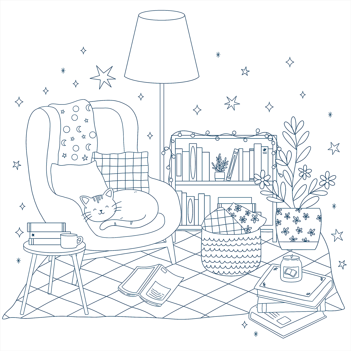Gezeigt wird eine Innenansicht von „A Page is Just the Beginning“. Die Illustration zeigt einen gemütlichen Lesebereich mit einem bequemen Sessel, dekorativen Kissen und einem schlafenden Kätzchen. Auf einem kleinen Tisch steht eine Tasse sowie einige Bücher. Hinter dem Sessel befindet sich ein Bücherregal mit Pflanzen und einer Lichterkette. Der Boden ist mit einem gemusterten Teppich ausgelegt. Die Farbpalette ist minimalistisch in sanften Linien gehalten, die eine entspannte...