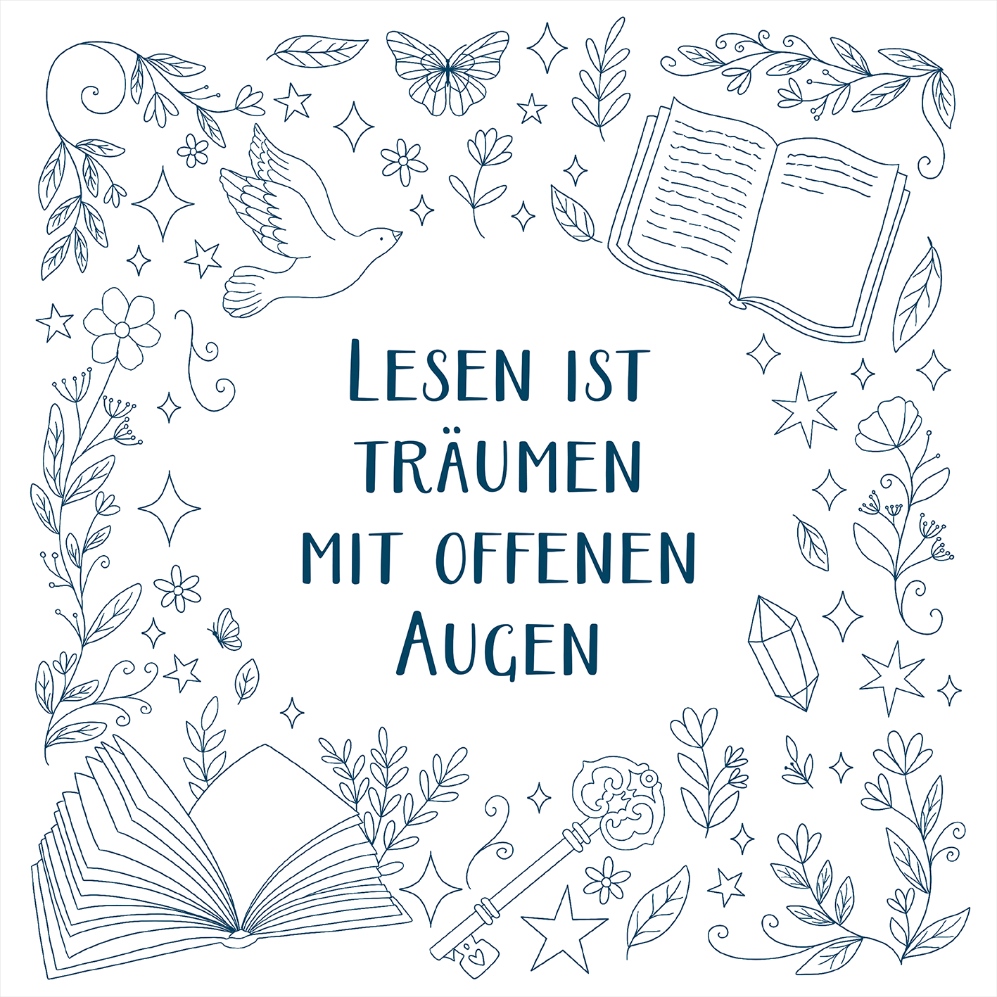 Gezeigt wird eine Innen- oder Zusatzansicht von „A Page is Just the Beginning“. Im Mittelpunkt steht der inspirierende Schriftzug „Lesen ist träumen mit offenen Augen“, der in einer klaren, modernen Serifenschrift in dunklem Blau gehalten ist. Umgeben ist der Text von zarten, skizzierten floralem Dekor, Vögeln und offenen Büchern, die in helleren Blautönen gestaltet sind. Die Komposition strahlt eine verträumte, einladende Atmosphäre aus.