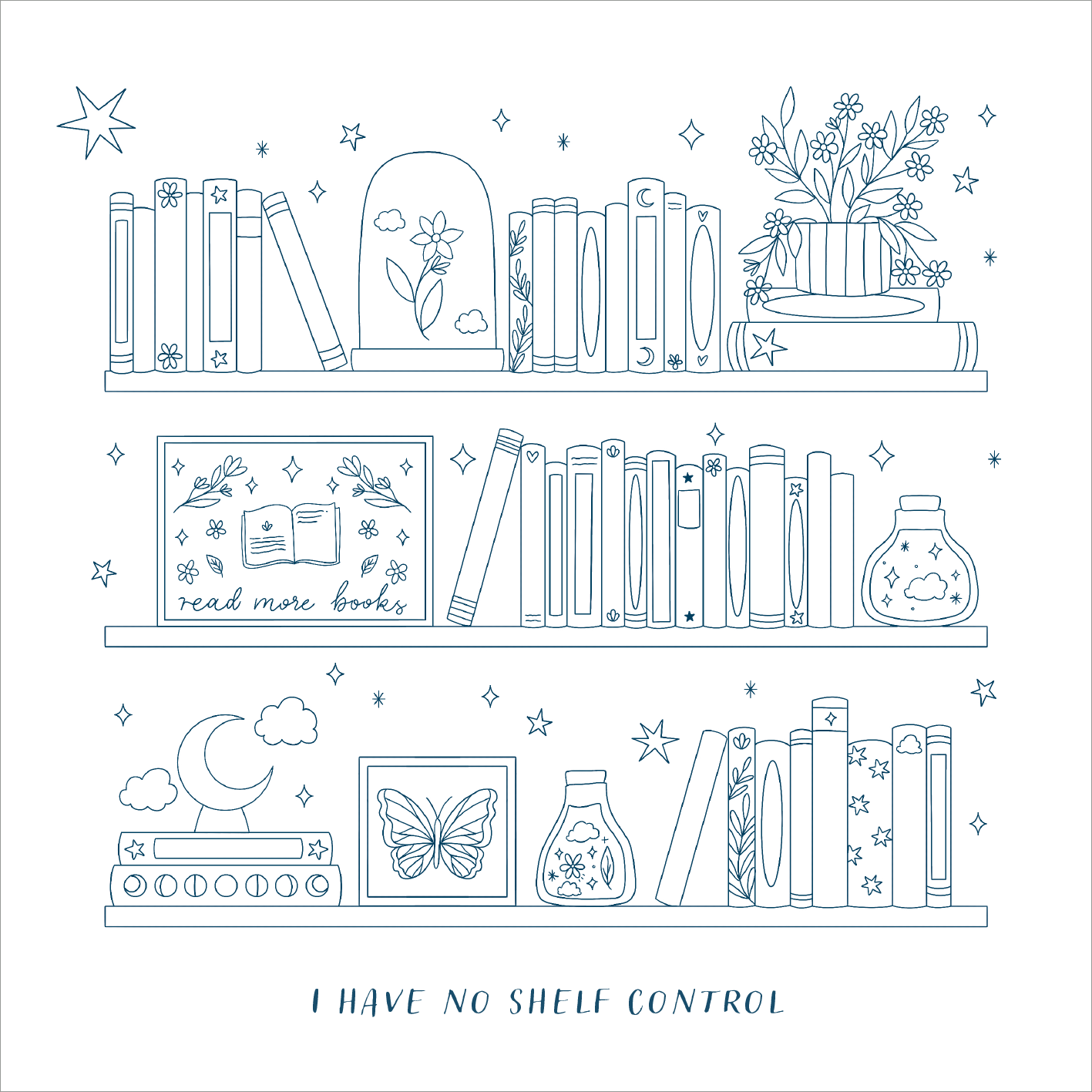 Gezeigt wird eine Innen- oder Zusatzansicht von „A Page is Just the Beginning“. Die Illustration zeigt ein Bücherregal mit mehreren Regalen, auf denen Bücher unterschiedlichster Größe und Farbe angeordnet sind. Oben blüht ein Pflanzentopf. In der Mitte befindet sich eine dekorative Fläche mit dem Text „read more books“ und weiteren Illustrationen. Eine Mond- und Wolkenfigur ziert das untere Regal. Die Darstellung ist in sanften Linien gehalten, hauptsächlich in Blau auf weißem...