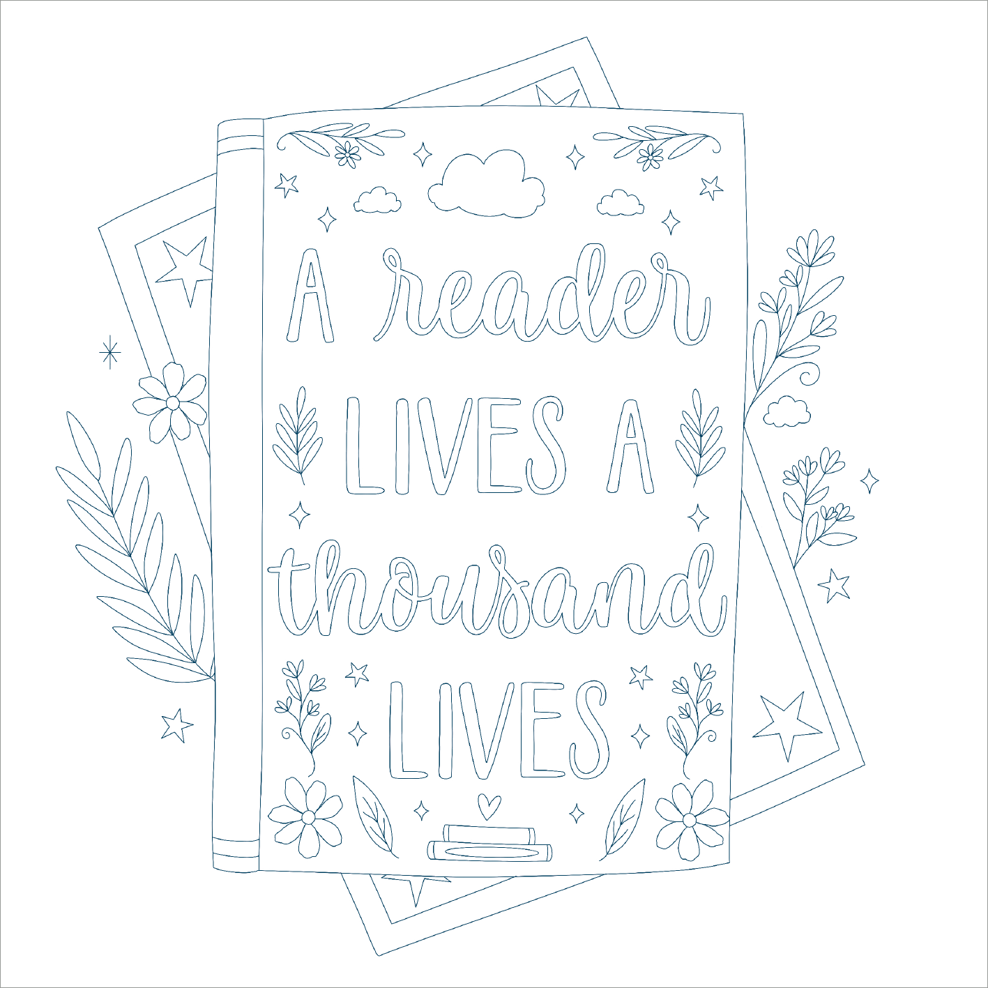 Gezeigt wird eine Innen- oder Zusatzansicht von „A Page is Just the Beginning“. Die Abbildung zeigt ein stilisiertes Buchcover mit dem Text „A reader lives a thousand lives“ in verspielter Typografie. Umgeben von Blumen- und Blättermustern sind auch Wolken und Sterne zu sehen, die dem Design eine lebendige und einladende Atmosphäre verleihen. Die Verwendung von sanften, zurückhaltenden Farben unterstützt das freundliche und kreative Gesamtbild.