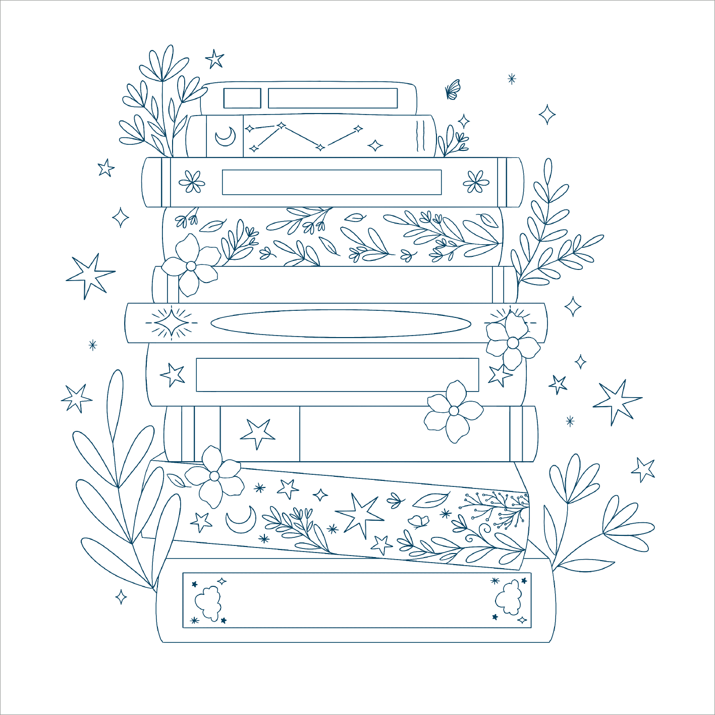 Gezeigt wird eine Innen- oder Zusatzansicht von „A Page is Just the Beginning“. Die Abbildung zeigt einen Stapel von Büchern, umgeben von zarten Pflanzenmotiven und kleinen Sternelementen. Die Farbgebung ist in sanften Pastelltönen gehalten, während die Buchrücken mit verschiedenen floralen und astronomischen Mustern verziert sind. Die Typografie ist klar und modern, was die übersichtliche Gestaltung unterstreicht.