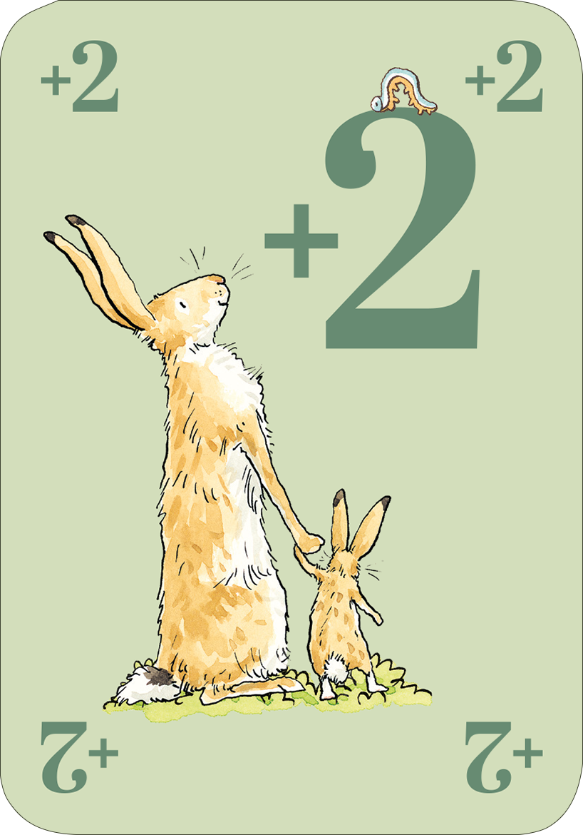 Gezeigt wird eine Innen- oder Zusatzansicht von „Weißt du eigentlich, wie gern ich mit dir Mau-Mau spiele?“. Die Karten zeigen auf einem sanften grünen Hintergrund eine illustration von zwei Hasen, die sich an den Händen halten. Der größere Hase steht aufrecht und blickt nach oben, während der kleinere Hase neben ihm steht. Über den Hasen schwebt eine kleine Vogelillustration. Im oberen Teil der Karte ist die Zahl „+2“ in einer klaren, modernen Schriftart abgebildet, die gut...