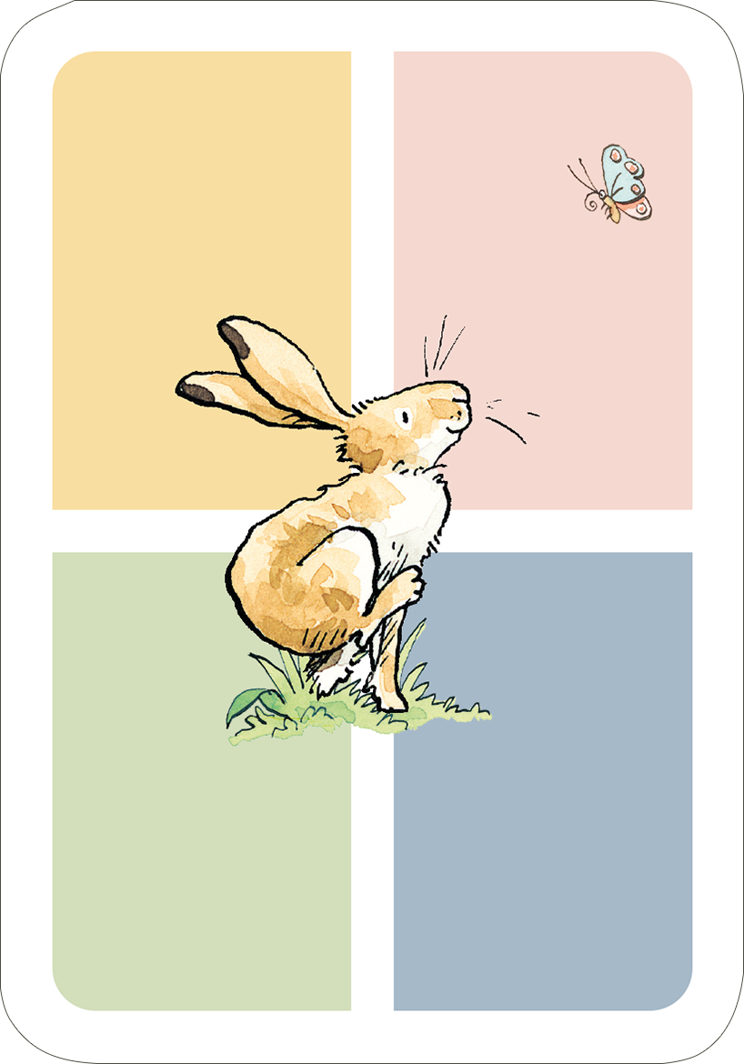 Gezeigt wird eine Innen- oder Zusatzansicht von „Weißt du eigentlich, wie gern ich mit dir Mau-Mau spiele?“. Die Illustration zeigt einen niedlichen Hasen, der aufmerksam auf einen Schmetterling blickt. Der Hintergrund ist in vier quadratische Farbflächen unterteilt, wobei die Farben zartgelb, hellrosa, mintgrün und hellblau sind. Der Hase ist in sanften Erdtönen gehalten, mit einer feinen, skizzenhaften Linienführung, die fröhliche Leichtigkeit vermittelt. Die Typografie ist...