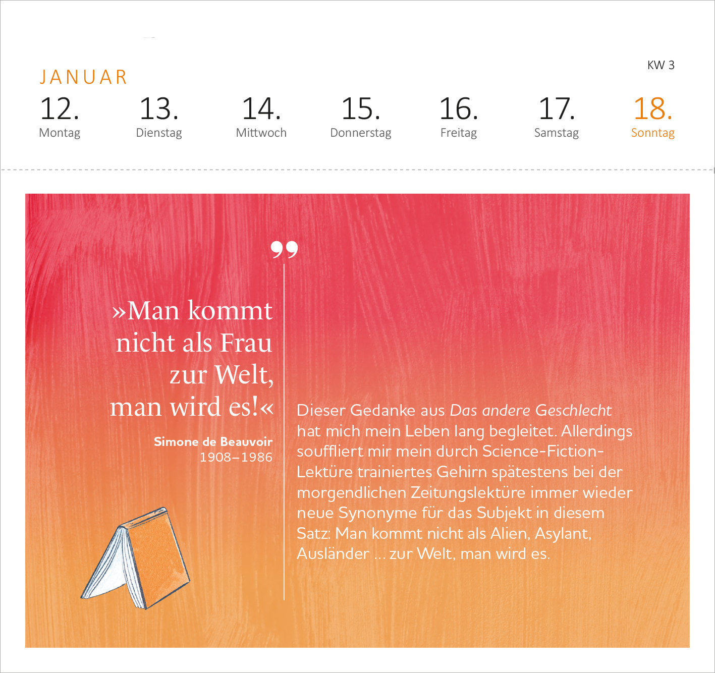 Gezeigt wird eine Innen- oder Zusatzansicht von „Postkartenkalender Schecks Literaturkalender 2026“. Die Seite präsentiert ein Zitat von Simone de Beauvoir, umgeben von sanften Farbverläufen in Rosa und Orange. Oben befindet sich der Monat Januar sowie die Wochentage in einer klaren, modernen Schriftart. Der Text ist in einer gut lesbaren Schriftform gestaltet, während ein stilisiertes Buch am unteren Rand visualisiert ist.