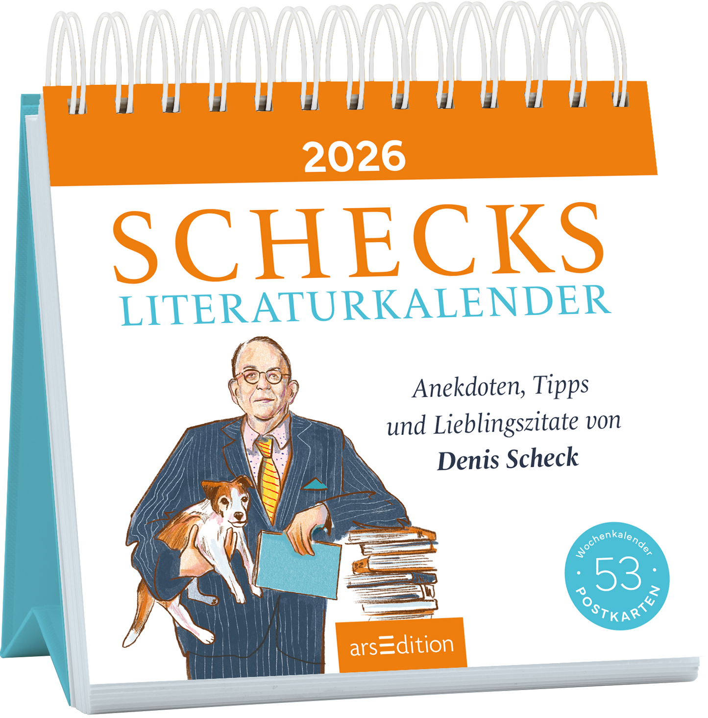 Das Buchcover zeigt einen aufrecht stehenden Mann mit einer Brille und Anzug, der einen kleinen Hund in den Armen hält. Darüber prangt in auffälligem Orange der Titel „Scheck’s Literaturkalender 2026“ in großen Buchstaben, während der Untertitel „Anekdoten, Tipps und Lieblingszitate von Denis Scheck“ in sanften Blau-Tönen hält. Das Cover ist hell und freundlich gestaltet, mit einem spiralförmigen Rücken und beinhaltet einen Hinweis auf „53 Postkarten“. Ganz unten mittig...