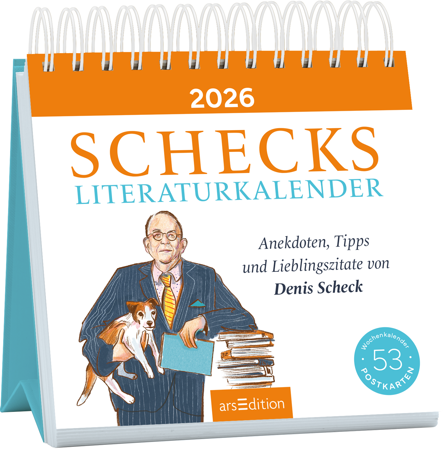 Das Buchcover zeigt einen aufrecht stehenden Mann mit einer Brille und Anzug, der einen kleinen Hund in den Armen hält. Darüber prangt in auffälligem Orange der Titel „Scheck’s Literaturkalender 2026“ in großen Buchstaben, während der Untertitel „Anekdoten, Tipps und Lieblingszitate von Denis Scheck“ in sanften Blau-Tönen hält. Das Cover ist hell und freundlich gestaltet, mit einem spiralförmigen Rücken und beinhaltet einen Hinweis auf „53 Postkarten“. Ganz unten mittig...
