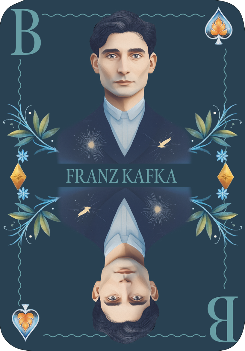 Gezeigt wird eine Innen- oder Zusatzansicht von „Spielkarten. Rommé, Bridge, Canasta und Co.“. Die Karte zeigt ein elegantes Design in tiefen Blau- und Grüntönen. In der Mitte ist ein Portrait von Franz Kafka mit feinen Linien und klaren Konturen, umgeben von floralen Ornamenten. Die Typografie ist modern, mit dem Namen „FRANZ KAFKA“ in großen, klaren Buchstaben unterhalb des Portraits. Die Ecken sind mit Spielkartensymbolen dekoriert, darunter ein Herz und ein Karo.