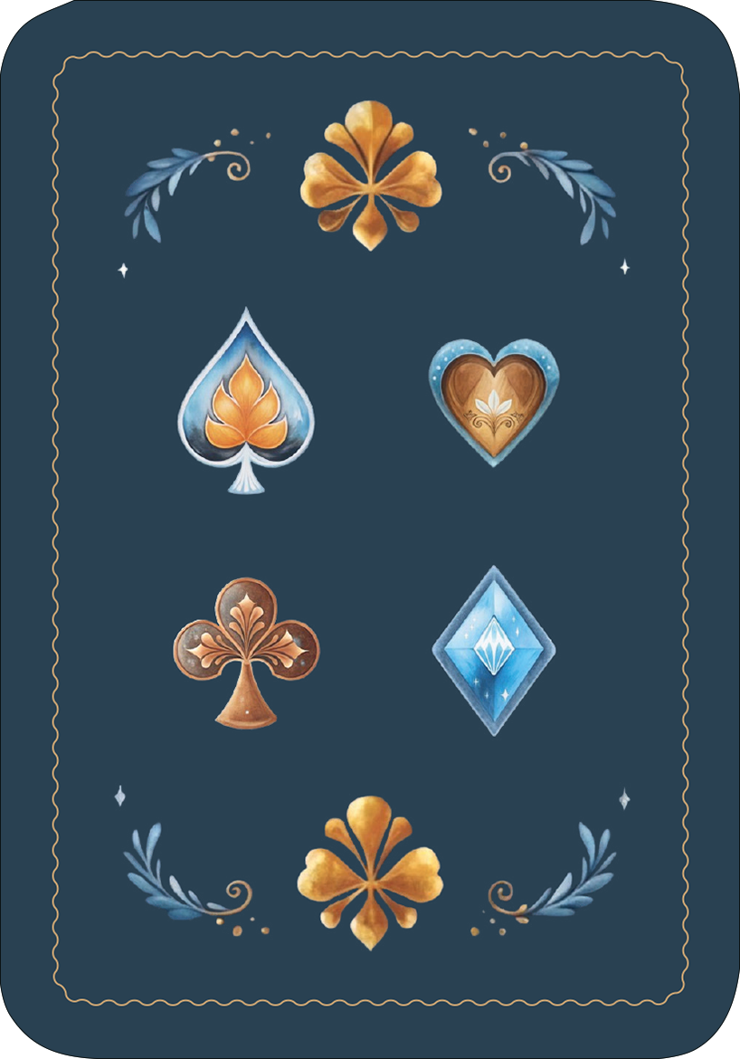 Gezeigt wird eine Innen- oder Zusatzansicht von „Spielkarten. Rommé, Bridge, Canasta und Co.“. Die Rückseite der Karte ist in einem tiefen Blau gehalten und verziert mit stilisierten goldenen und blauen Symbolen, die vier Kartenfarben darstellen: Herz, Pik, Karo und Kreuz. Umrahmt wird das Design von eleganten floralen Motiven in hellen Farben. Die Kombination aus geschwungenen Linien und kräftigen Farben sorgt für eine ansprechende visuelle Harmonie.